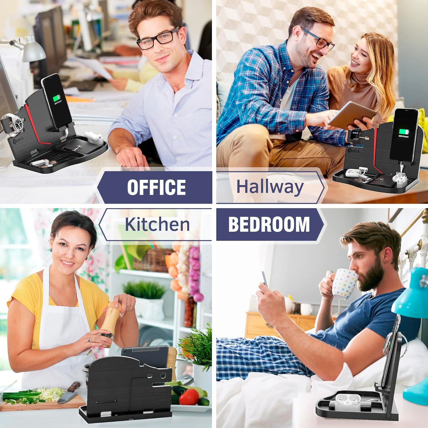 BarvA Wood Docking Station | Phone Stand & Desk Organizer | Night Stand Charging Station & Phone Holder | Compact Nightstand Organizer for Men's Accessories | Ideal Gifts for Men