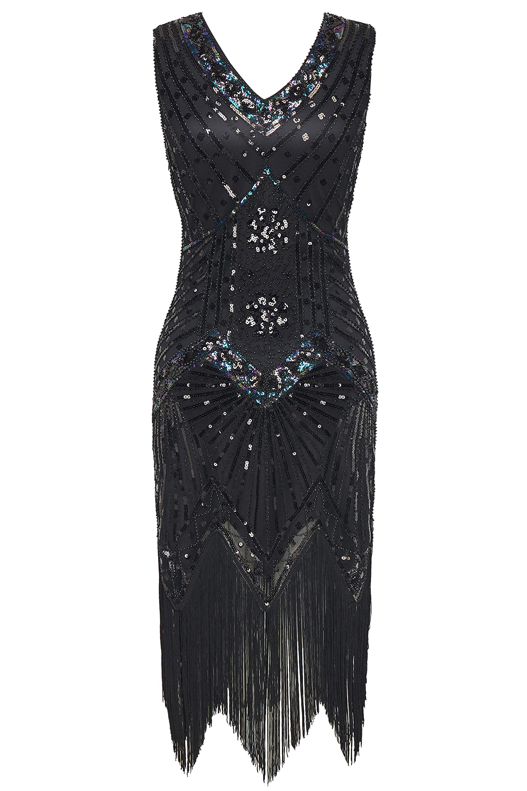 BABEYOND Damen-Charleston-Kleid, 1920er-Jahre, V-Ausschnitt, Great Gatsby-Kleid mit Perlen, Fransen