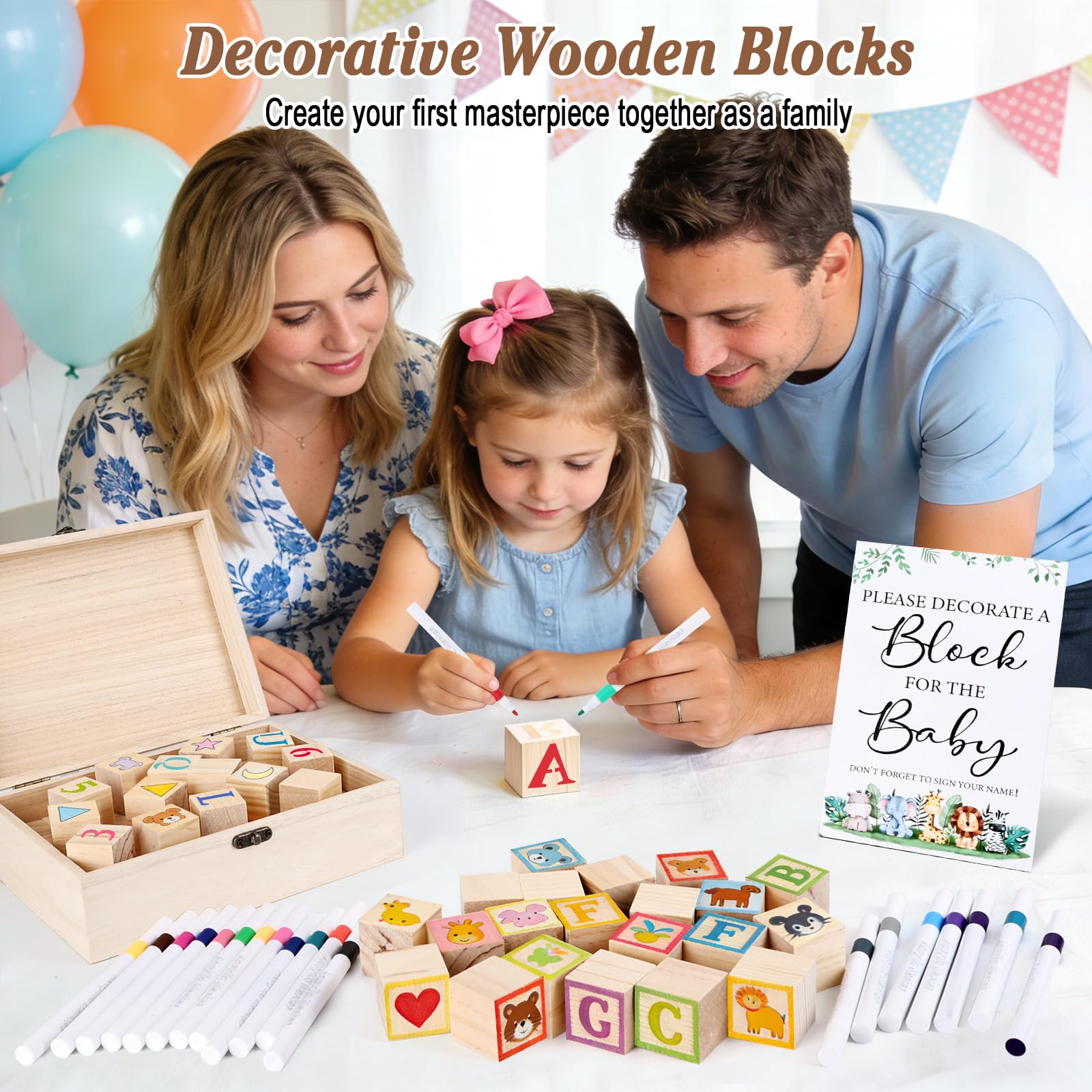 128 Pezzi Set di Giochi per Baby Shower, Blocchi di Pittura Creativa con 48 Blocchi di Legno, 24 Matite Colorate, 54 Stencil e Scatola di Legno per la Festa di Rivelazione del Sesso