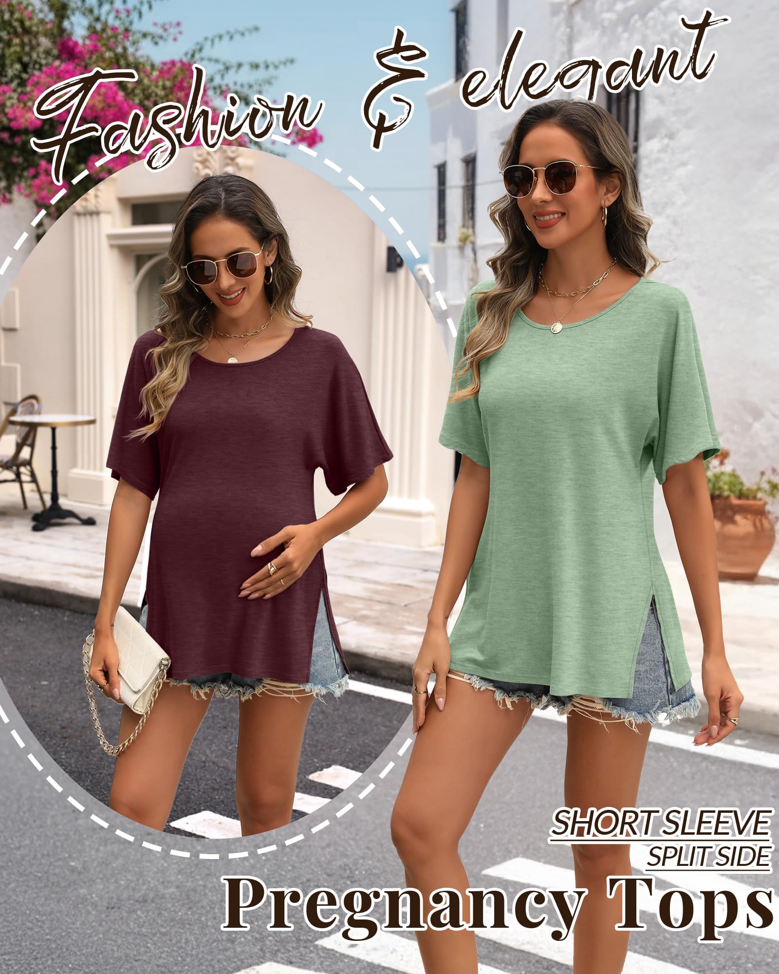 Riyiper 3er-Pack Umstandsshirts für Damen Baumwolle Sommer-Schwangerschaftskleidung Lockere Oberteile mit Seitenschlitzen