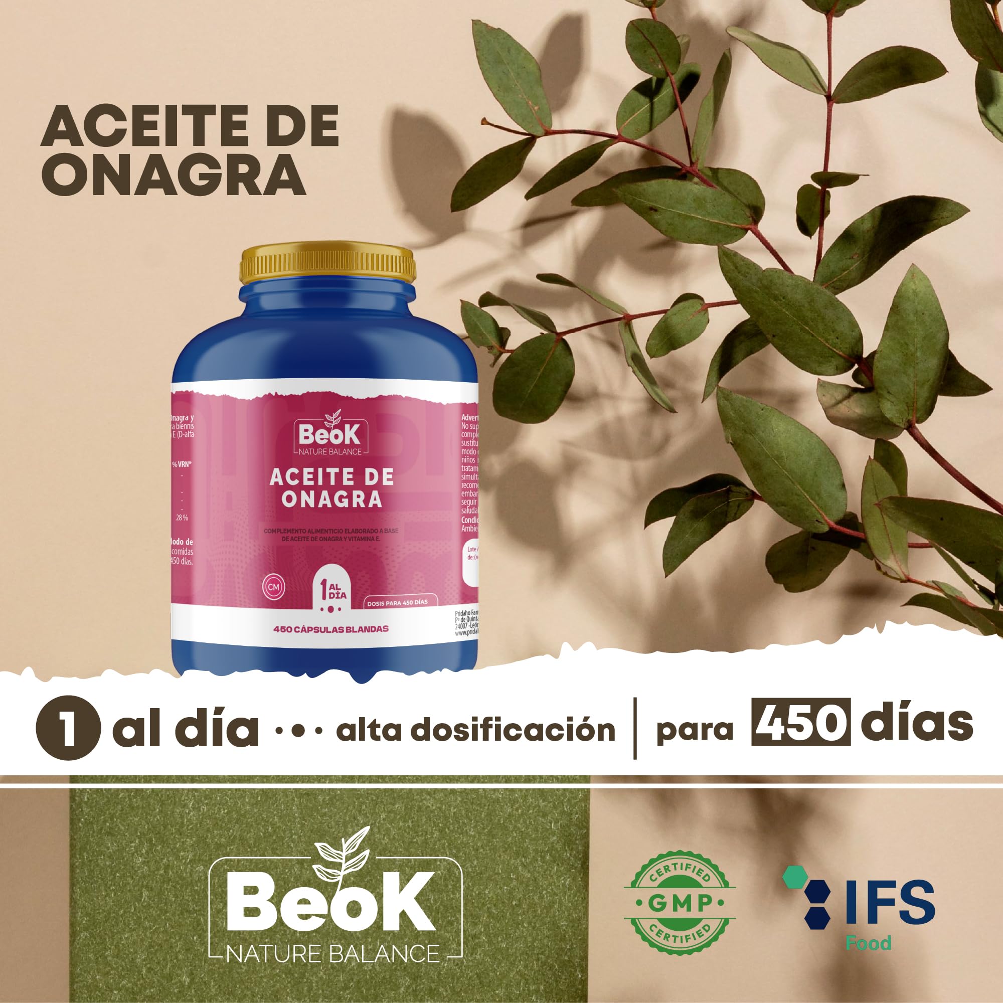 BEOK Aceite de Onagra 450 Cápsulas Blandas – Complemento Alimenticio con 500 mg de Aceite de Onagra y Vitamina E – Apoyo Hormonal y Bienestar Femenino – Formato Ahorro para 450 Días