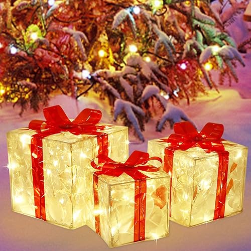 Miniatura 5 de Lulu Home Cajas iluminadas de Navidad, juego de 3 60 luces LED para decoración al aire libre, cajas de Navidad iluminadas, decoraciones de regalo