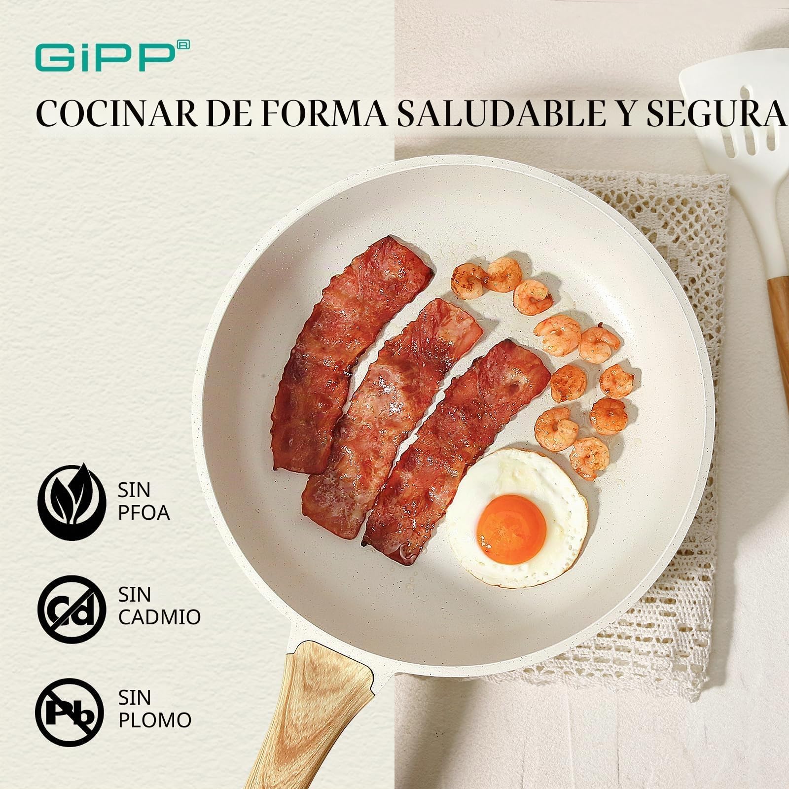 GiPP Traje de Olla Antiadherente de Granito - Cocina No Tóxica, Bandeja de Huevo Frito Con Mango Refrigerado, Fácil de Limpiar, Compatible Con Inducción (Blanco, 3 Piezas)