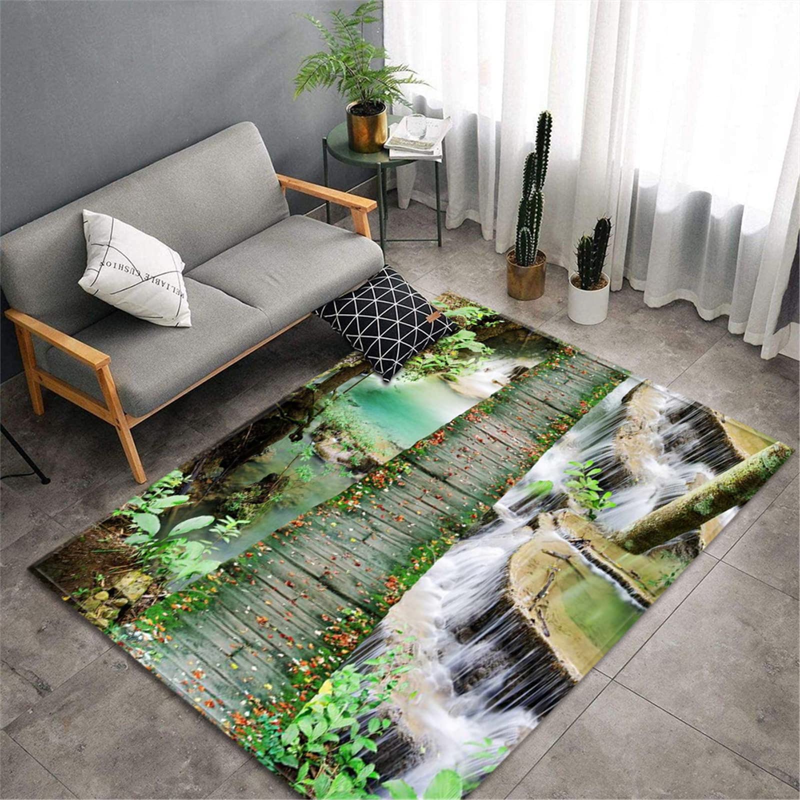 Chickwin Alfombras Antideslizantes Dormitorio, Patrón Paisaje Alfombras de Salon Grandes Modernas Alfombra Pelo Corto Suave para Decorativa Habitacion Pasillo (150x200cm,Cascada)