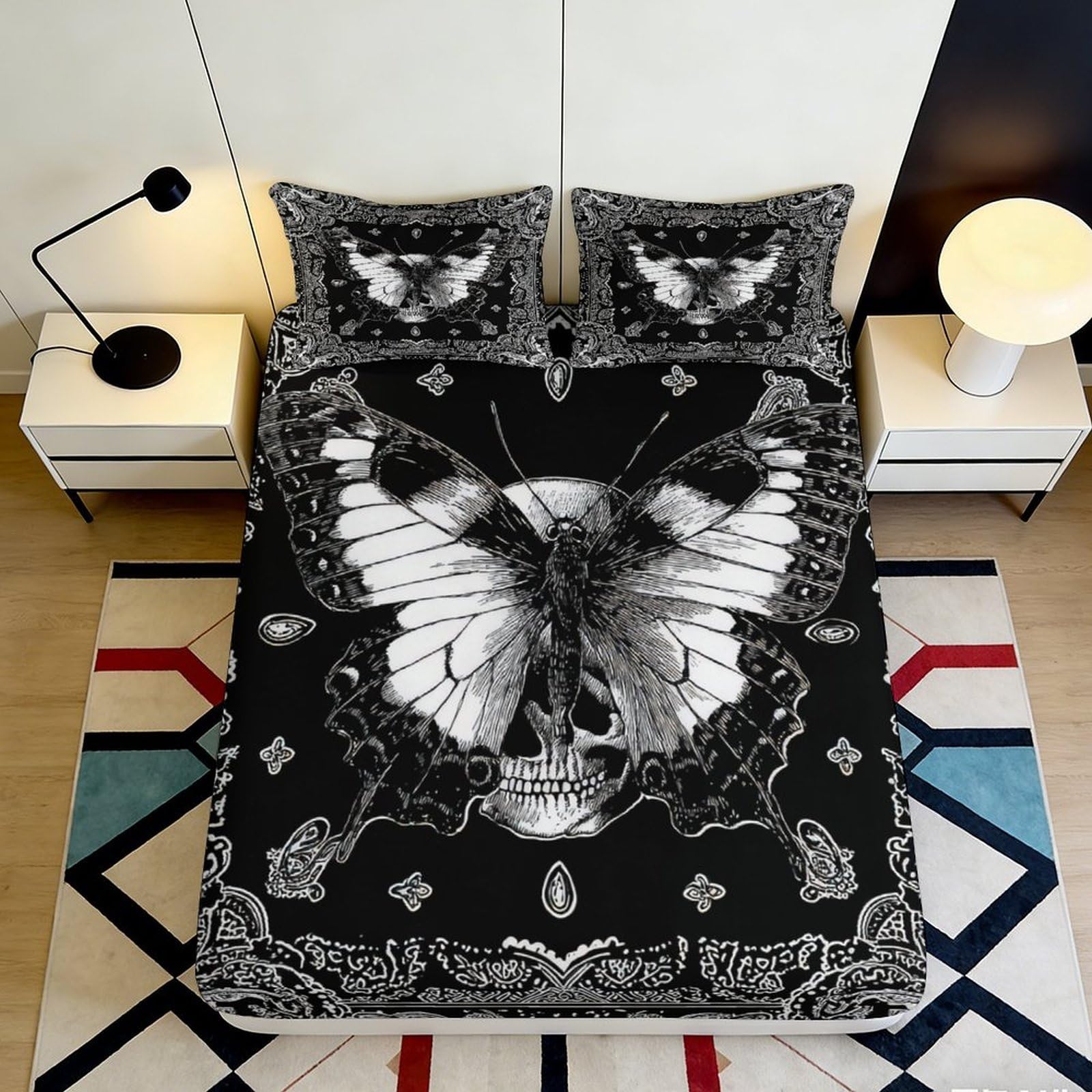3D Printed Black Butterfly Skull Fitted Sheet Microfiber Soft Durable Gothic Bed Cover with 3D Design for Bedroom Dorm Guest Room Mattress Protection 180x200x25cm