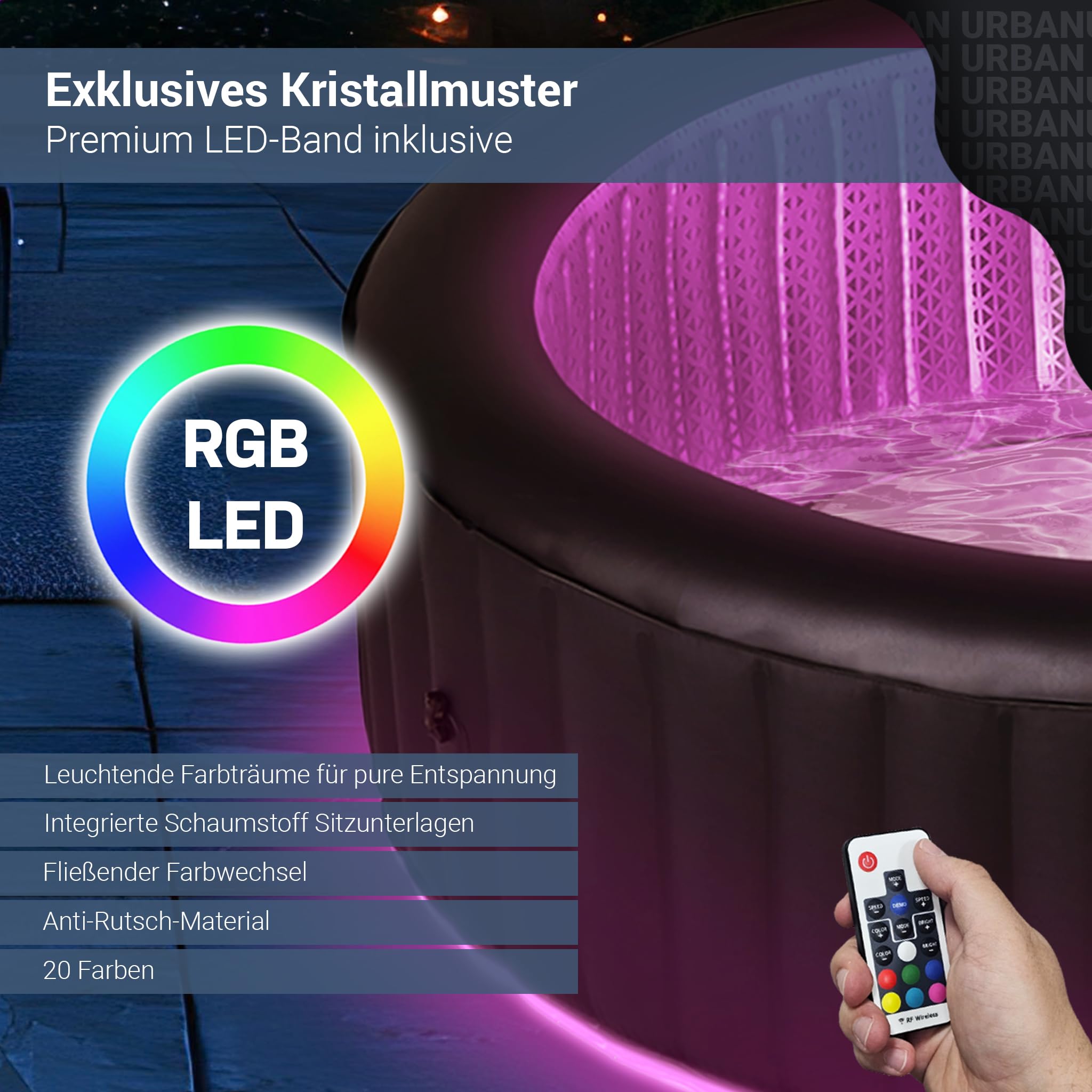 Miweba MSpa Whirlpool Outdoor Aurora | RGB LED Beleuchtung - 6 Personen Pool aufblasbar - UVC+ Wasserreinigung - Spa ⌀ 204.0 cm - Aufstellpool mit Fernbedienung - Hot Tub - Aufblasbarer Whirlpool