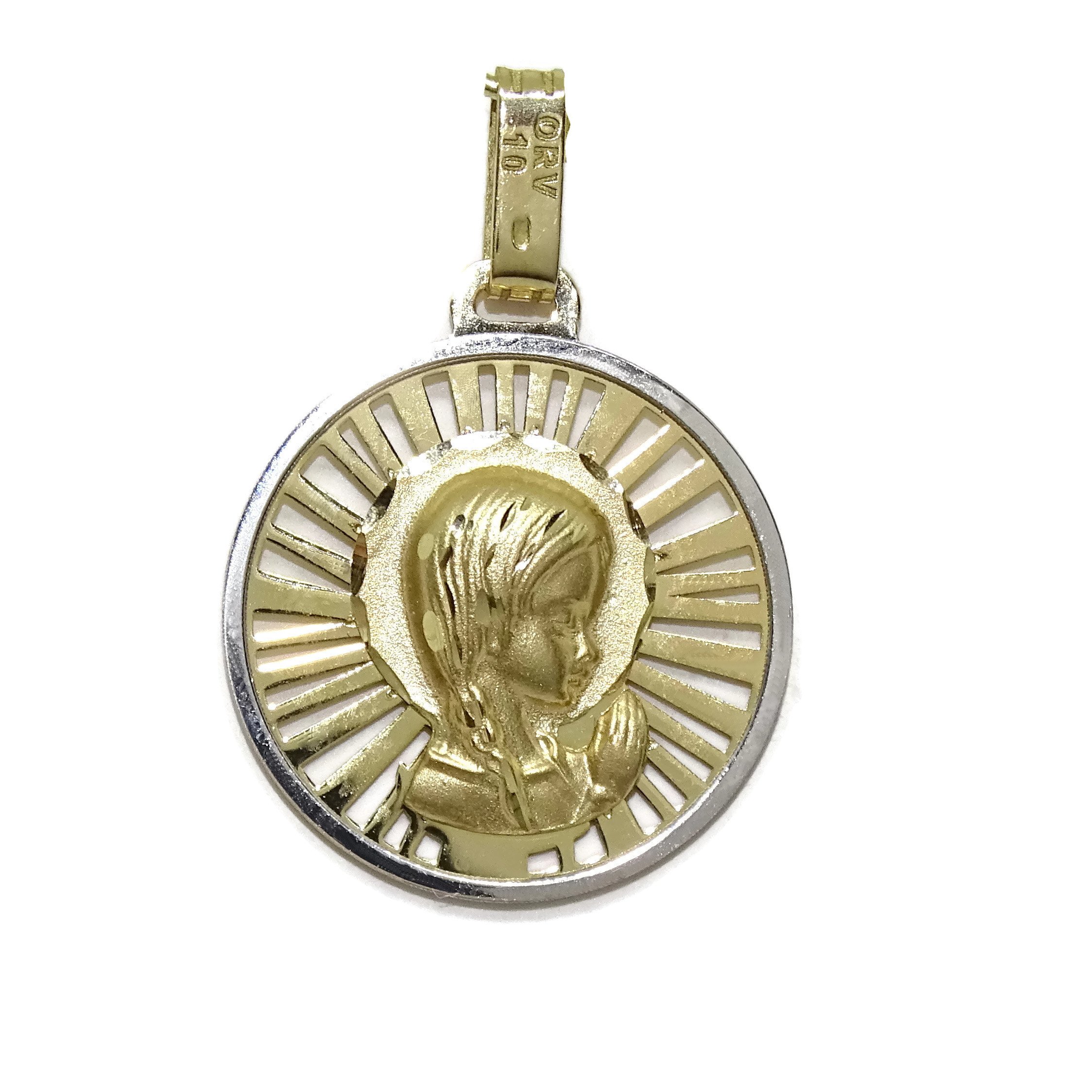 18-karatowy złoty medalion dziewica modląca się | Okrągły Wisiorek 18mm | Medal katolicki | Klasyczna Biżuteria | 2,25g Dwukolorowe złoto | Religijny prezent na chrzciny dziecka | Prezent na Pierwszą Komunię | Prezent na Baby Shower dla noworodka |