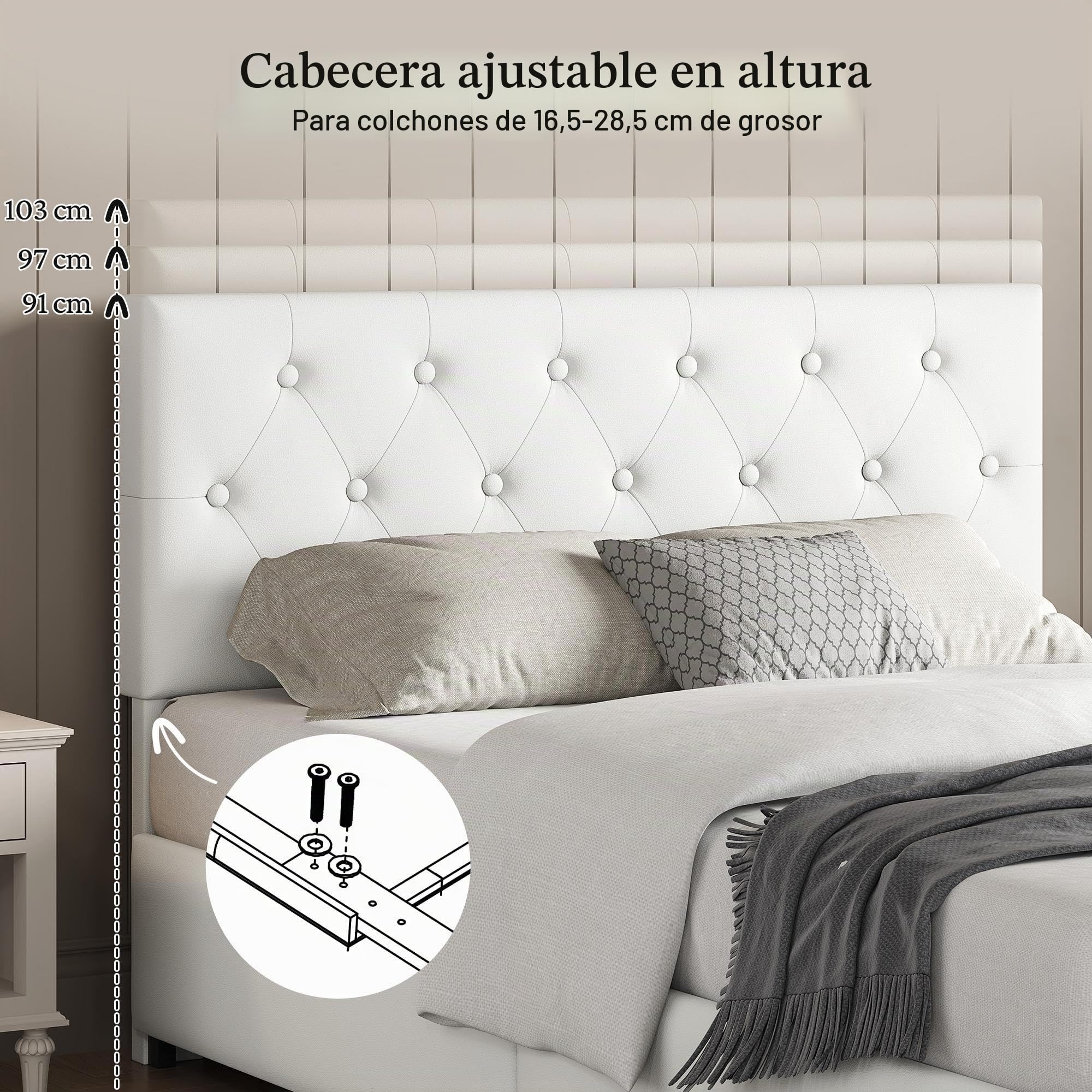 Yaheetech Cama Tapizada de Piel Tirón Botón Cama Acolchada Almacenaje 140 x 200 cm Blanco