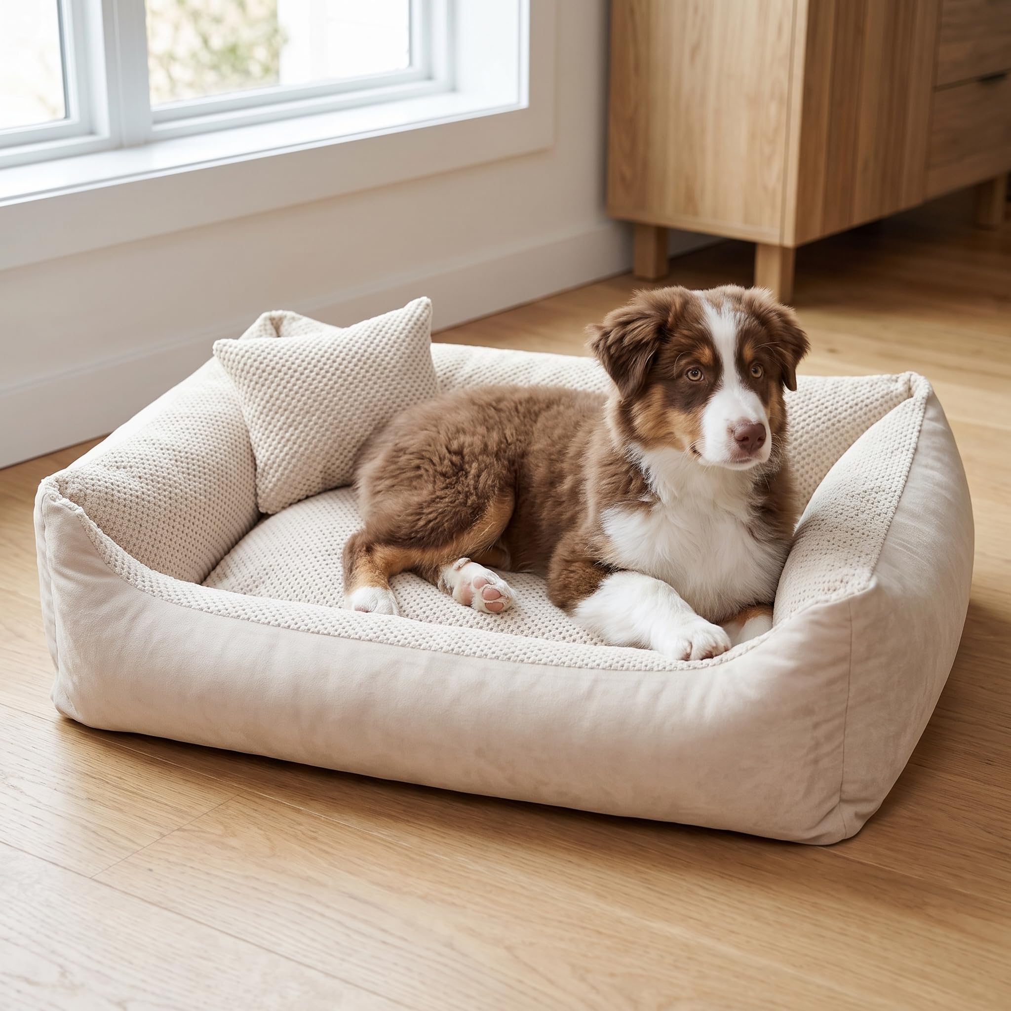 4L Textil TEO Cama para Perros Pequeños Lavable y Desenfundable – Cojín para Perro y Gato en Tejido Resistente, Cesta para Perros – 60x40 cm, Beige