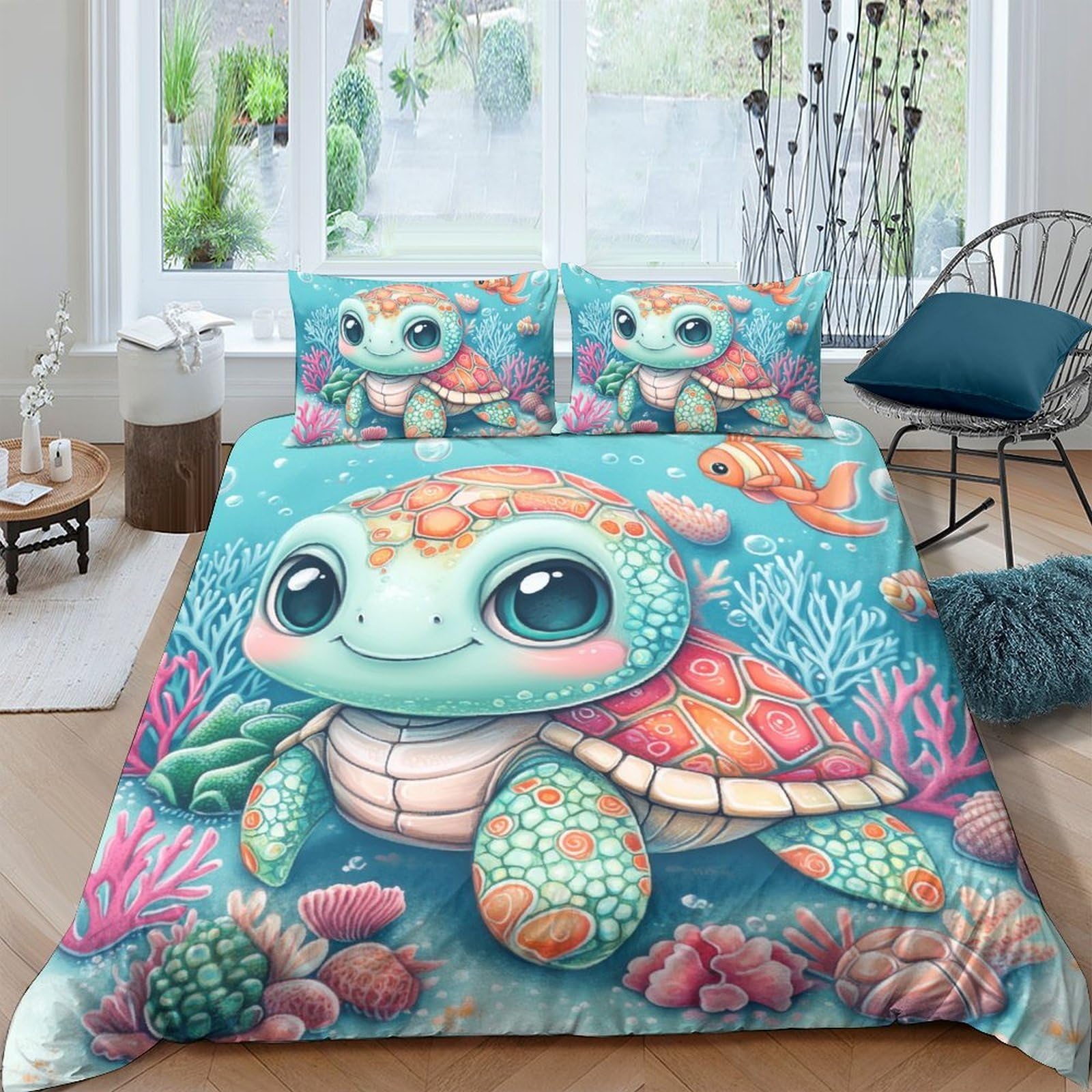 Ctjqhvkz Style-3 3D Printed Cute Turtle Fitted Sheet Microfiber Soft Coral Reef Mattress Cover For Bedroom Dorm Decor Washable Single（135X200cm）