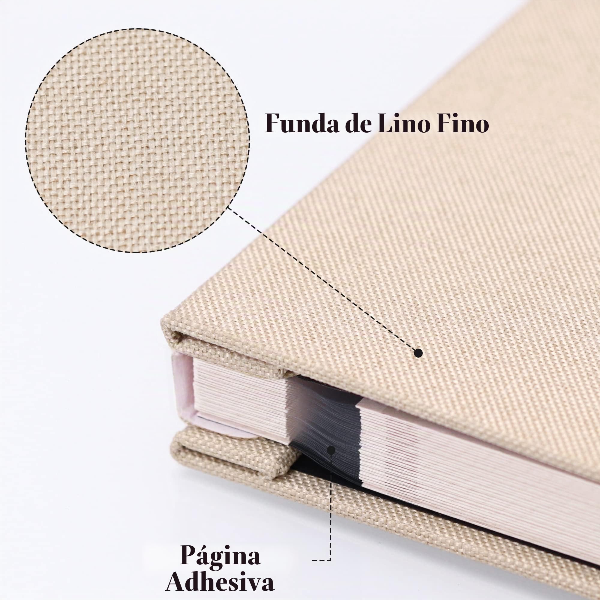 Álbum Fotos Autoadhesivo de Lino 33x32 cm, 60 páginas, Beige | Regalo Boda Aniversario Familiares con Bolígrafo Metálico