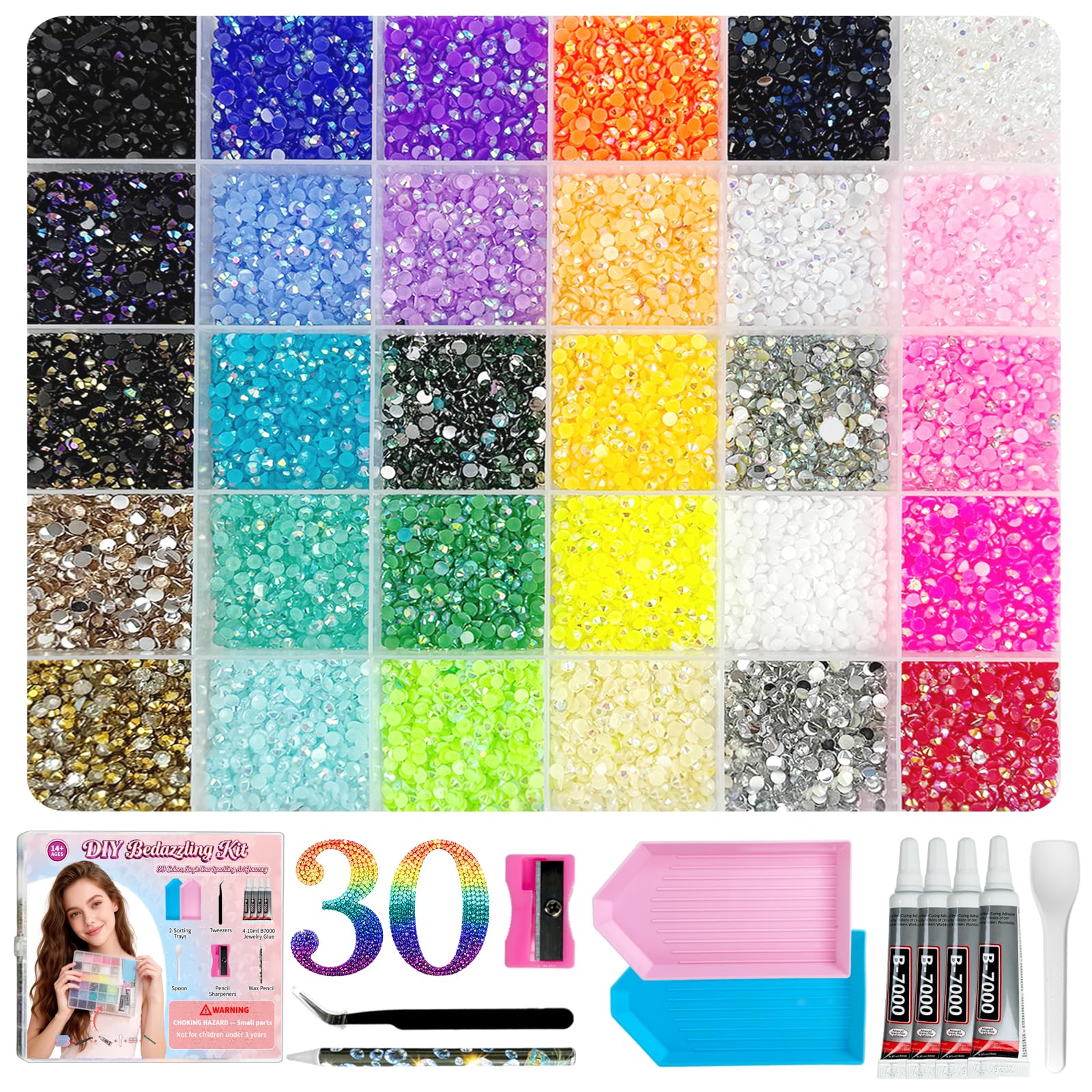 Airjam 35000Pcs Jelly Rhinestones Bedazzling Kit, 3mm Flatback Rhinestones for Bedazzling with 4 Pcs B7000 Jewelry Glue & Tools，All-in-One Bedazzler Kit for Nail DIY Arts & Crafts Gifts (30 Colors)
