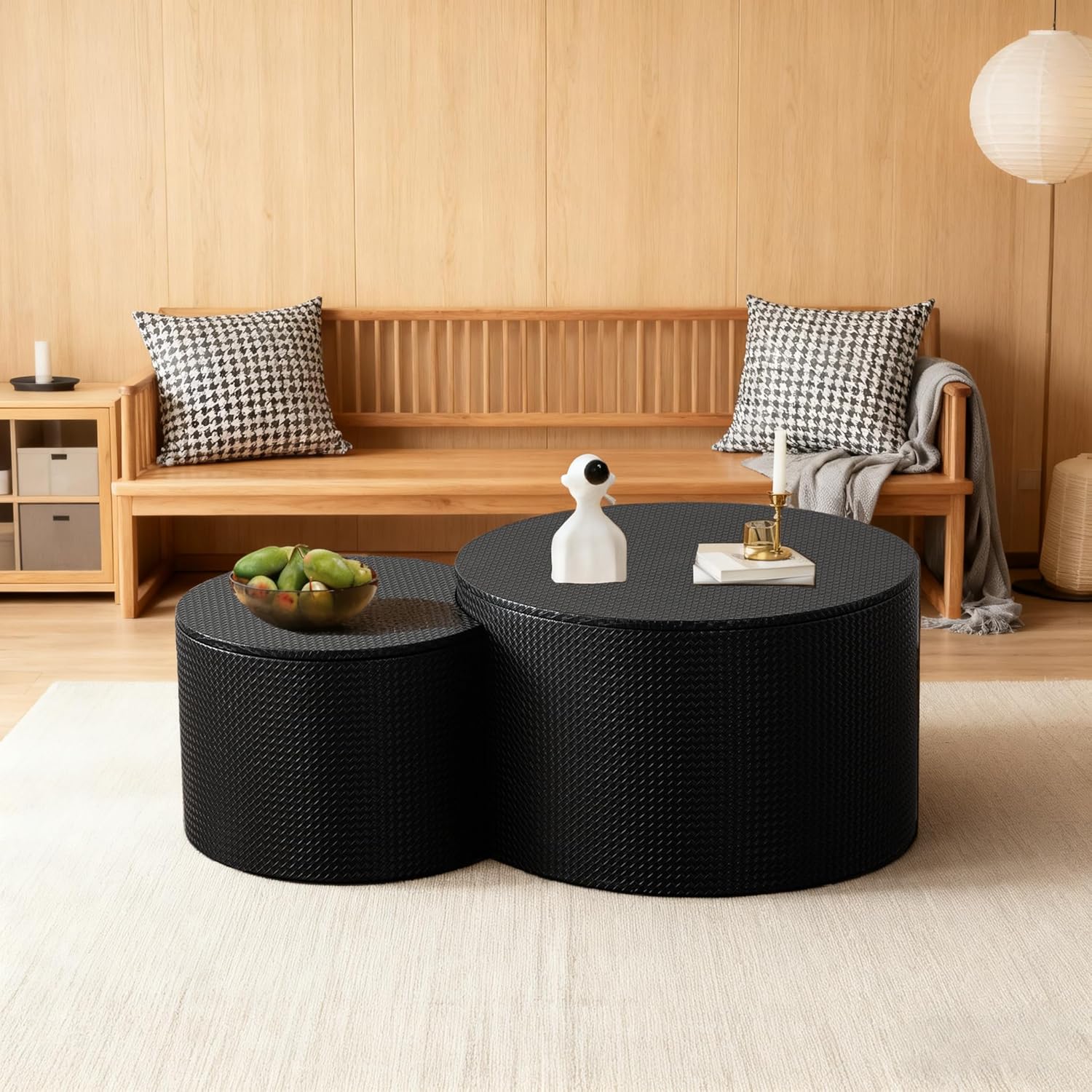 Round Coffee Tables with Storage, Round Nesting Coffee Tables Set of 2 with Storage Leather Veneered Nesting Tables Modern Crescent End Side Table for Living Room (Black)