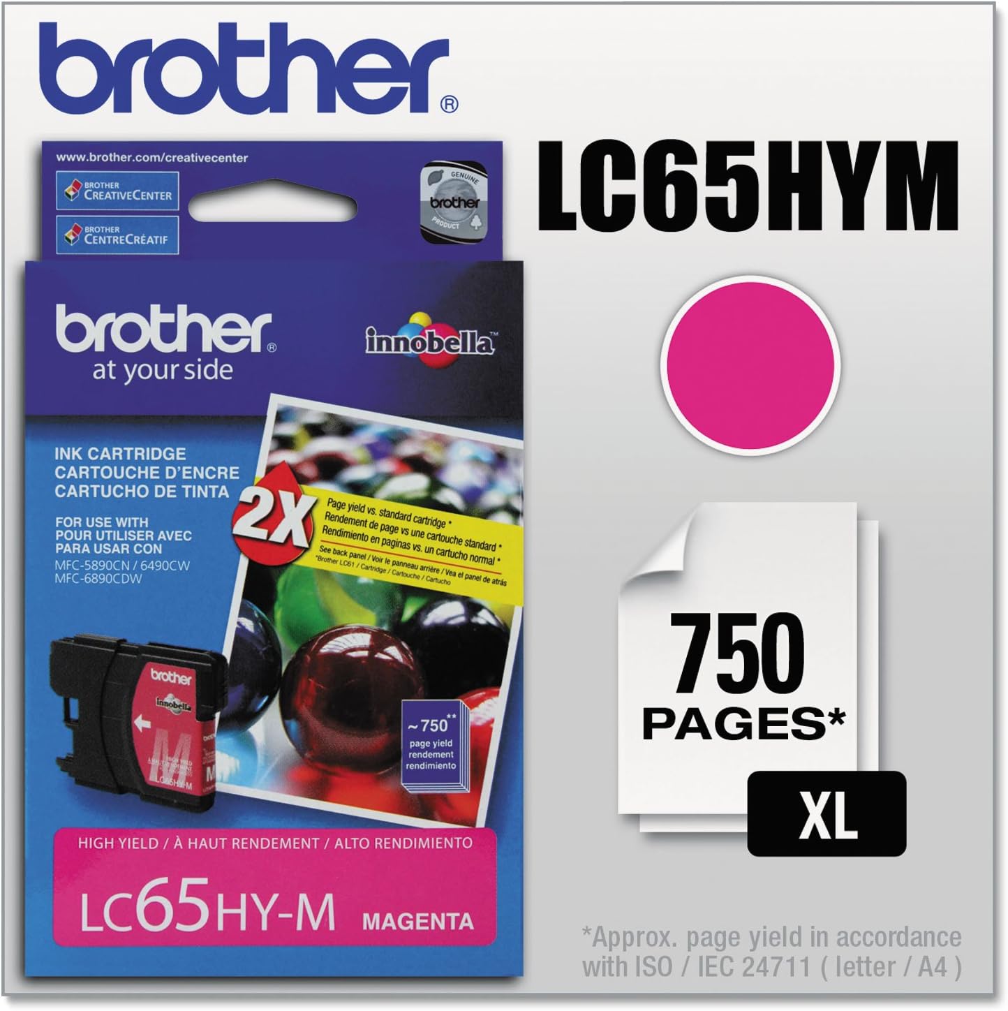 Brother LC65HYM High-Yield -Ink Cartridge, 750 Page-Yield, Magenta