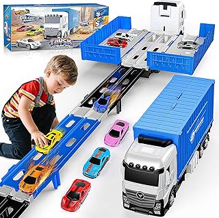 iKidiki Car Children's Toy from 2 3 4 5 6 Years, Transporter Cars Toy from 2 3 4 5 6 Years Truck Toy Gift Boy 2-6 Years, 156 cm Racing Track Truck Toy Car with 8 Racing Cars