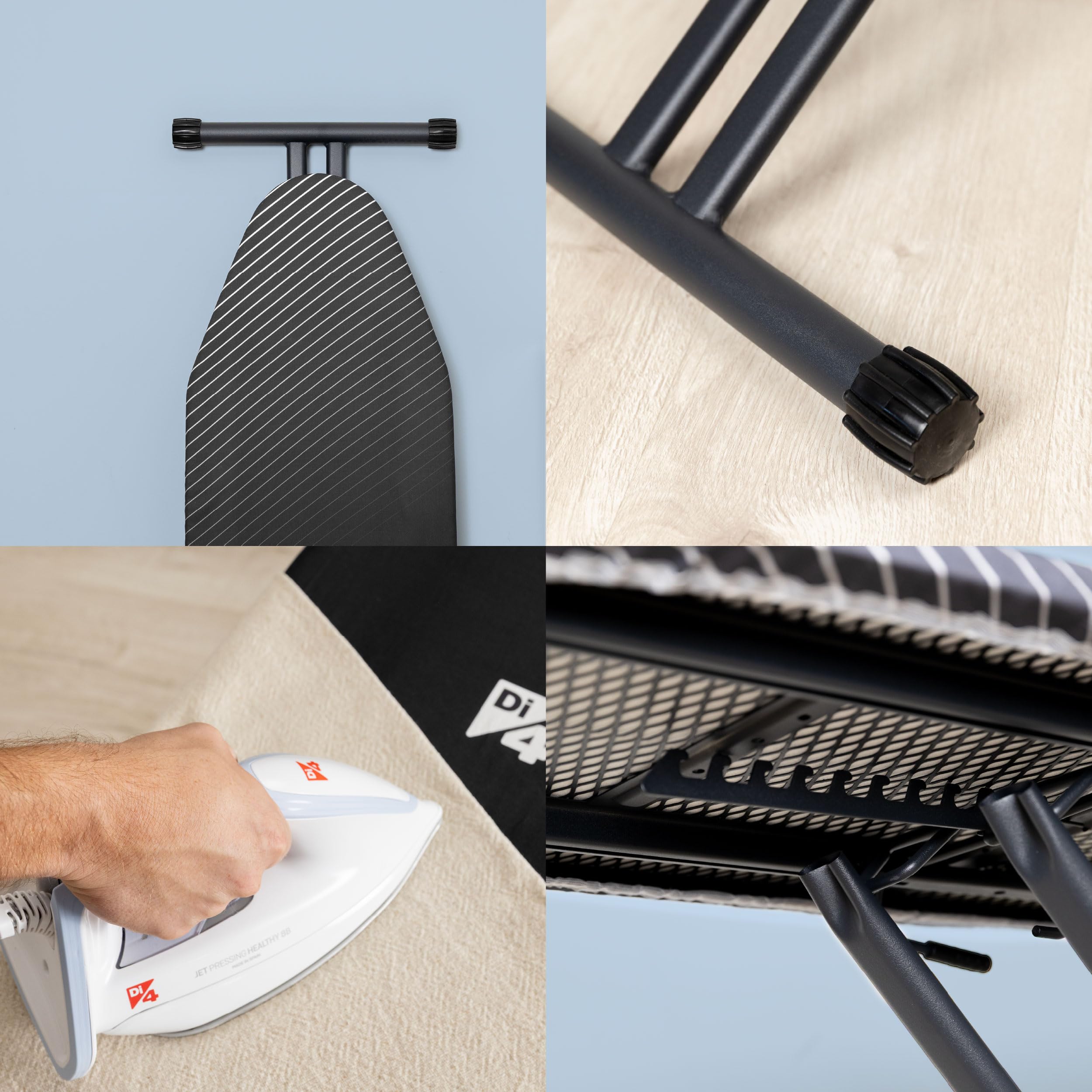 Di4 Bügeltisch Press Vivo, Bügelfläche 120x45 cm, Höhenverstellbar, Klappbar, Widerstandsfähiger Baumwollbezug, Ergonomisch, Ablage für Bügeleisen und Dampfbügelstationen