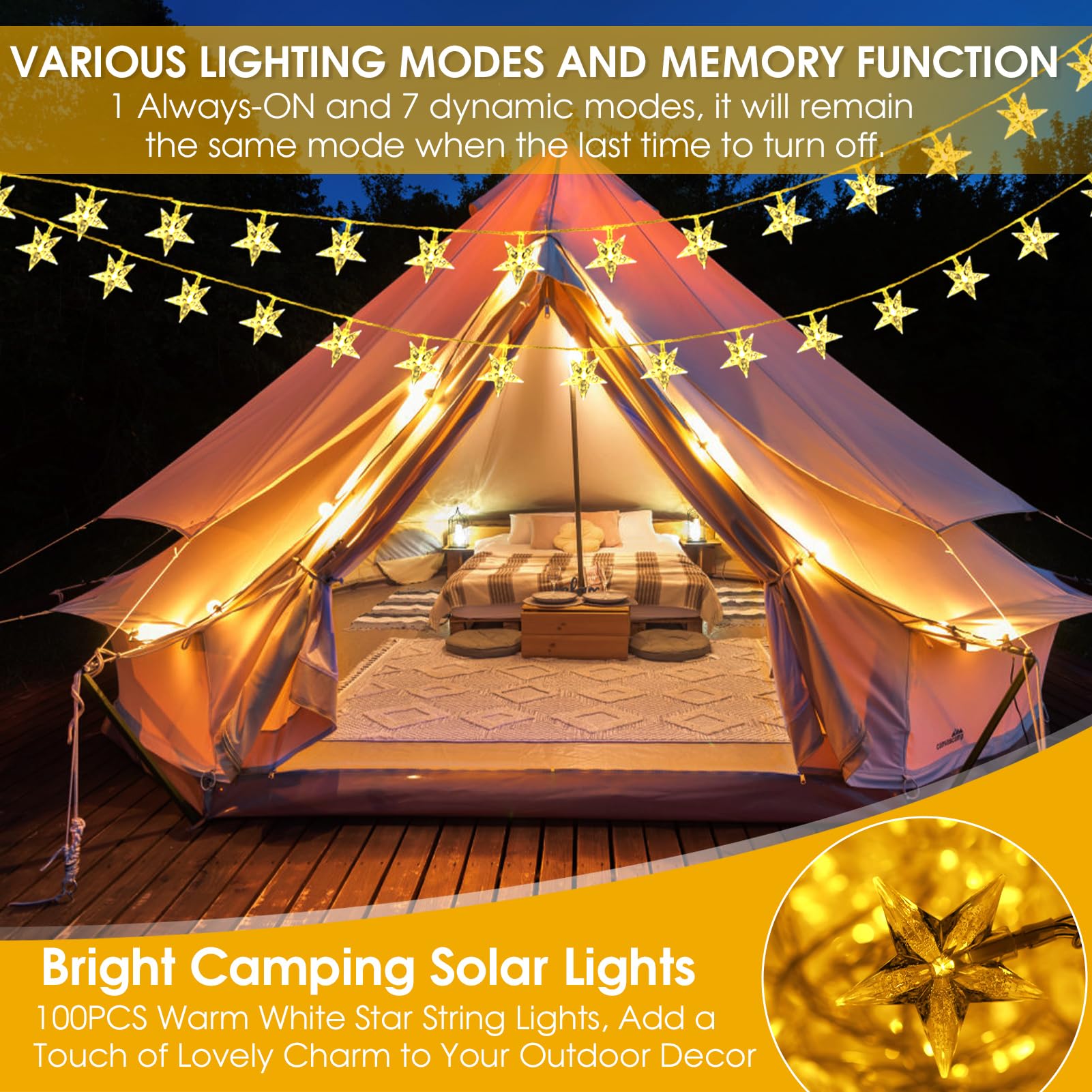 Guirlande lumineuse solaire en forme d'étoiles scintillantes pour extérieur 100 LED Blanc chaud | 8 modes de cour, jardin, terrasse, tente de camping, camping-car, cabane de jeu, décoration de cabane dans les arbres
