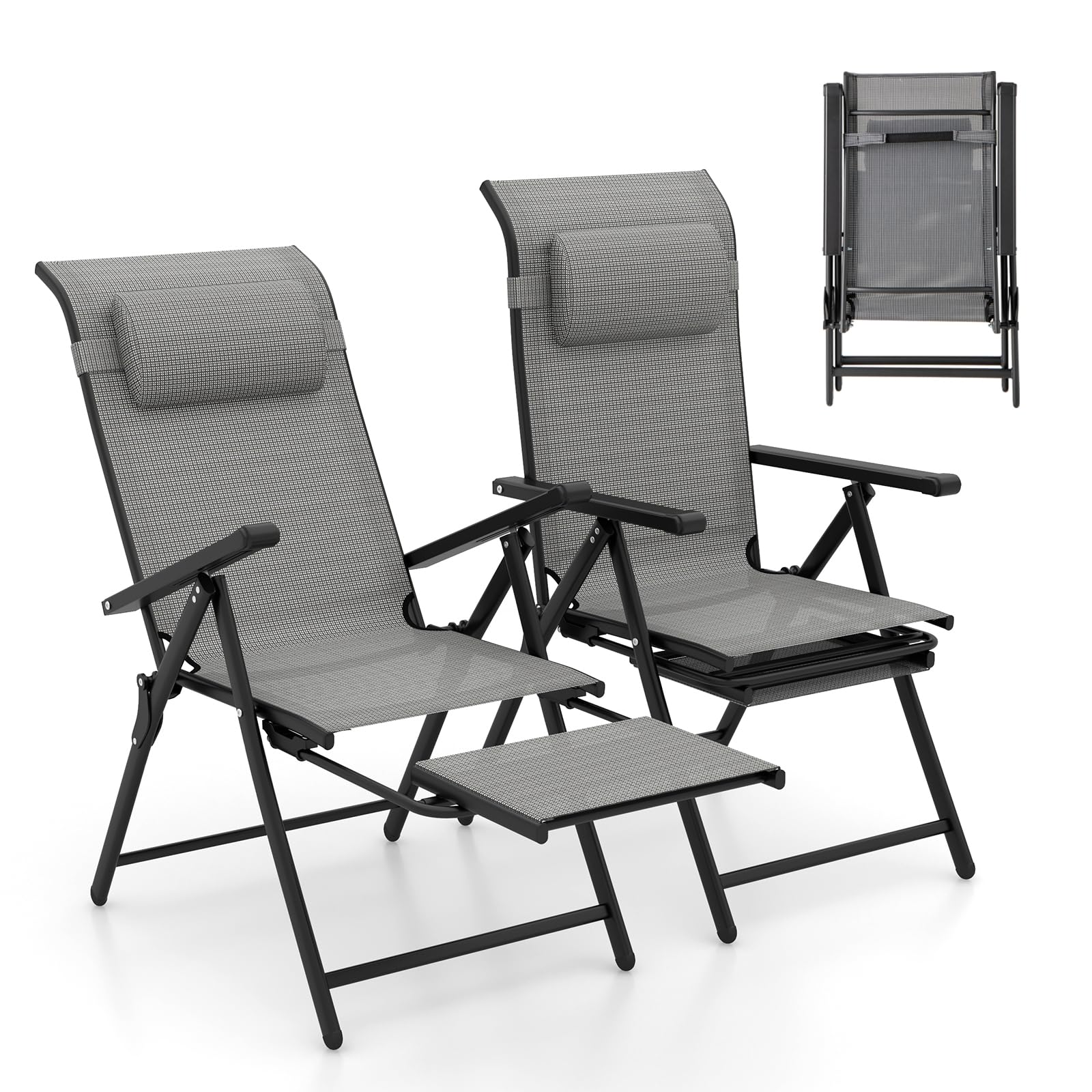 COSTWAY Folding Sun Lounger for Garden, 10-Position Adjustable Patio Chaise Lounge Chair Deck Sunbed with Armrests and Retractable Footrest, Outdoor Recliner Chair for Porch Beach Camping (2, Grey)