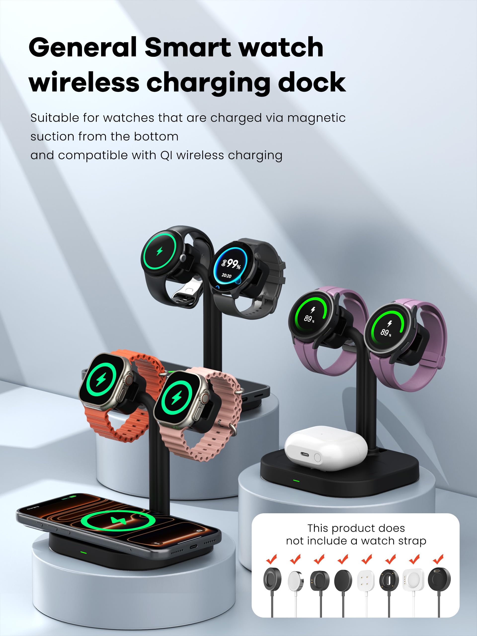 Universal Dual Watch Charger Dock, 3 in 1 Adjustable Smart Fitness Tracker Wireless Charging Station, for Samsung/Google/Amazfit/Fitpolo/GRV/AGPTEK/Fire-Boltt Watch Stand (A22SW-Black)