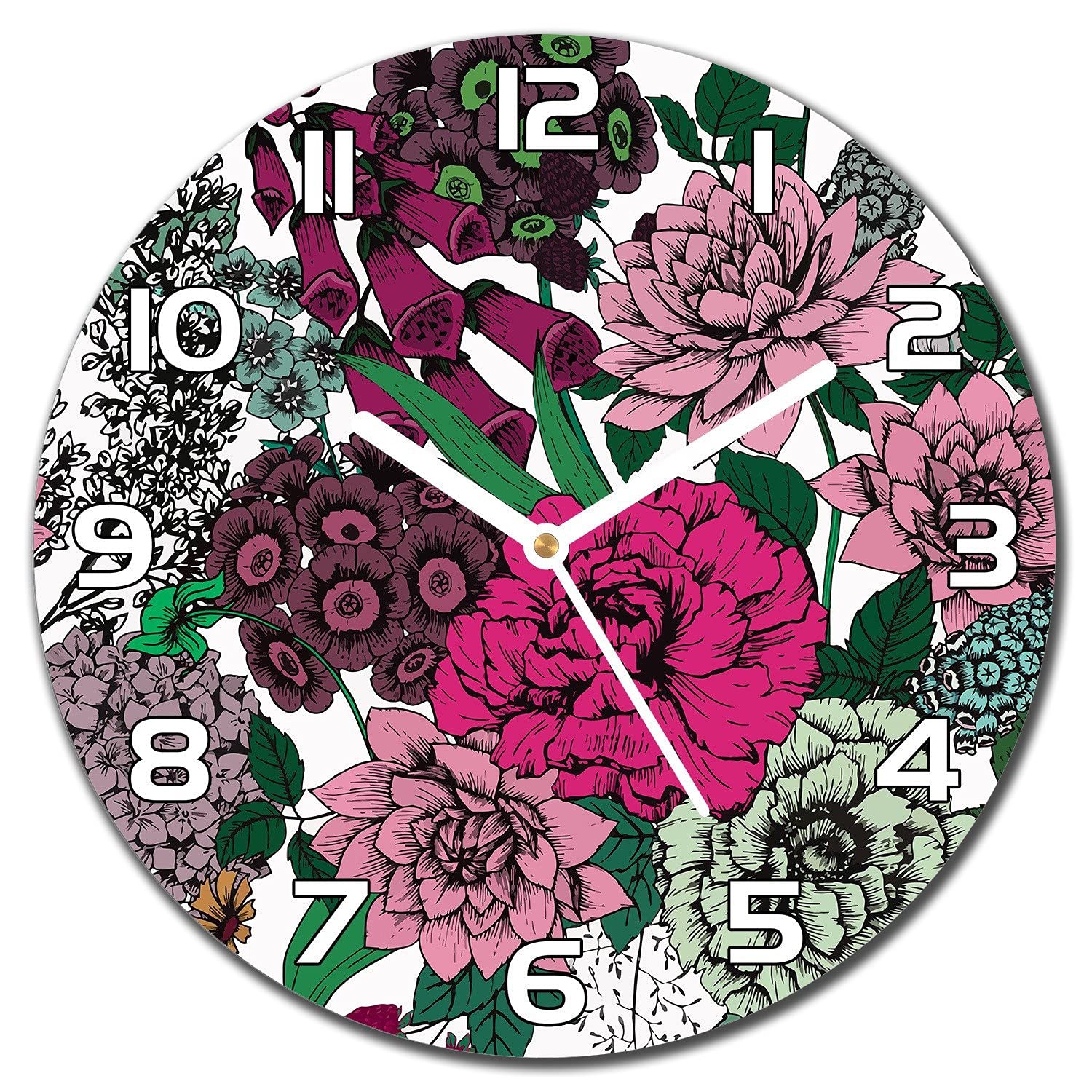 Horloge murale en verre de sécurité Coloray au design fleurs roses vintage