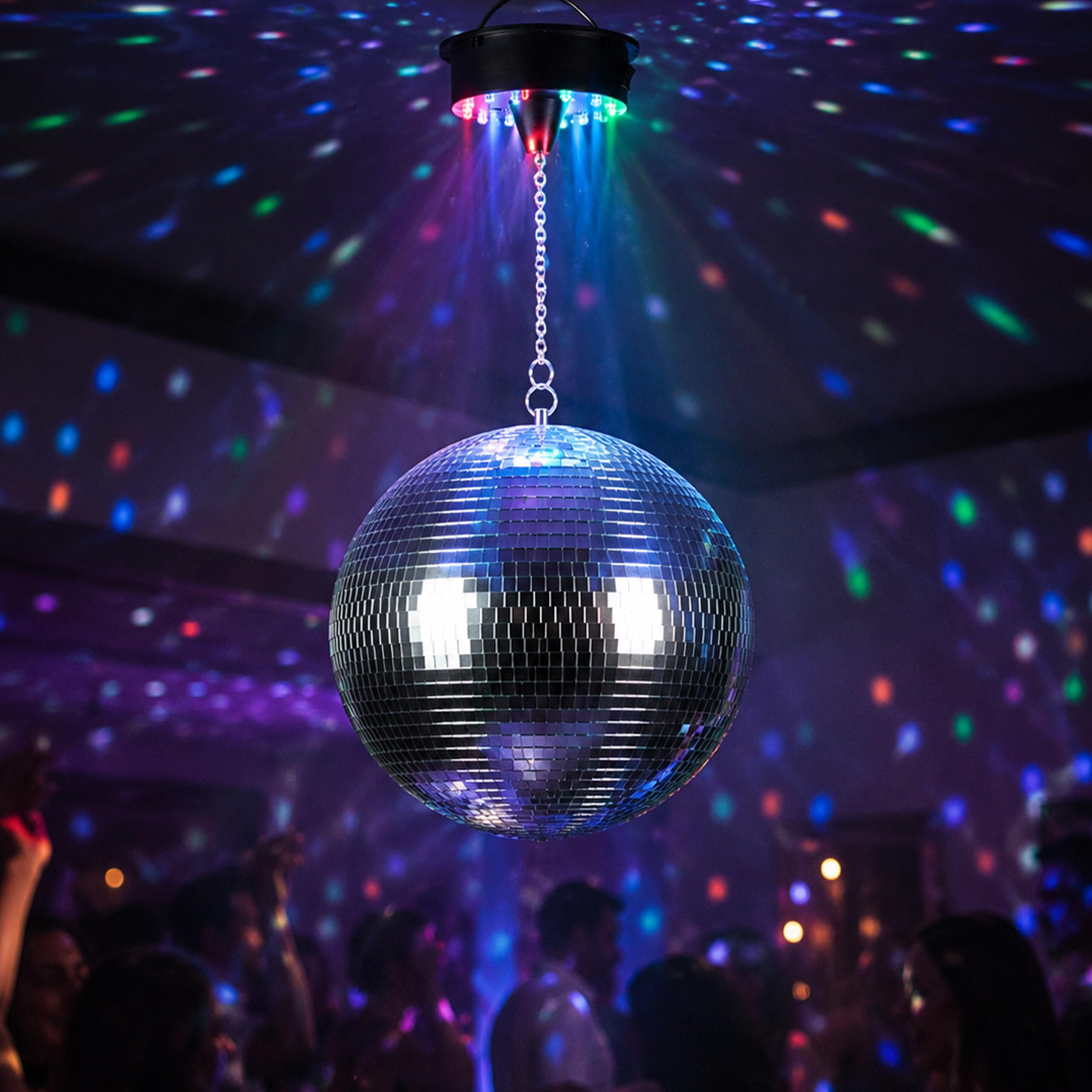 Relaxdays Discokugel, rotierend, Ø 40 cm, Silber | Spiegelkugel mit Motor & LED Lichteffekten, batteriebetrieben, Party
