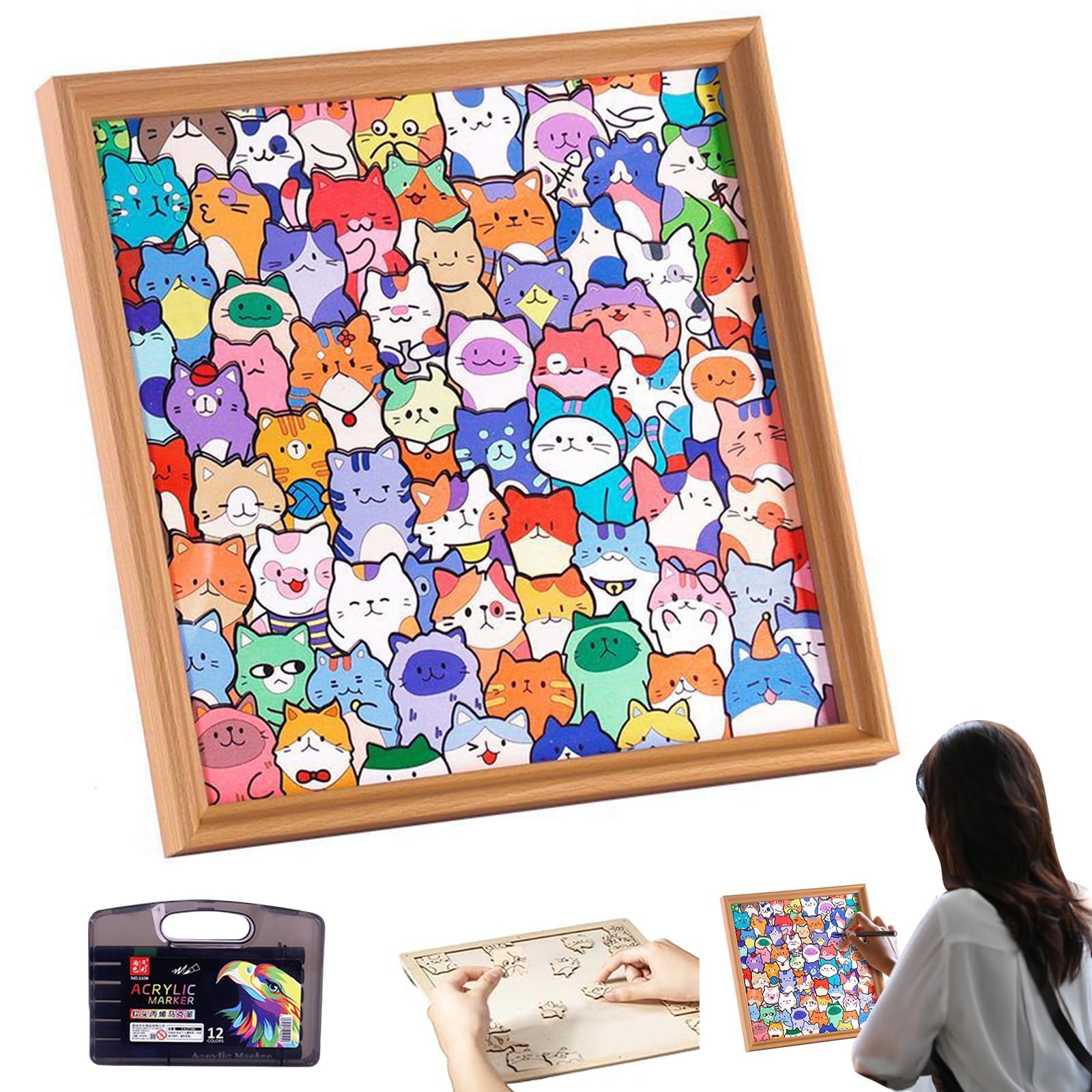 2026 New Wooden Cat Puzzle, Puzzles/Drawing/Assembly All In One, IY Wooden Cat Puzzle Frame with 12 Color Pens, Wooden Colouring Puzzles, DIY Wooden Cat Jigsaw Puzzle for Adults, Kids & Girlfriend
