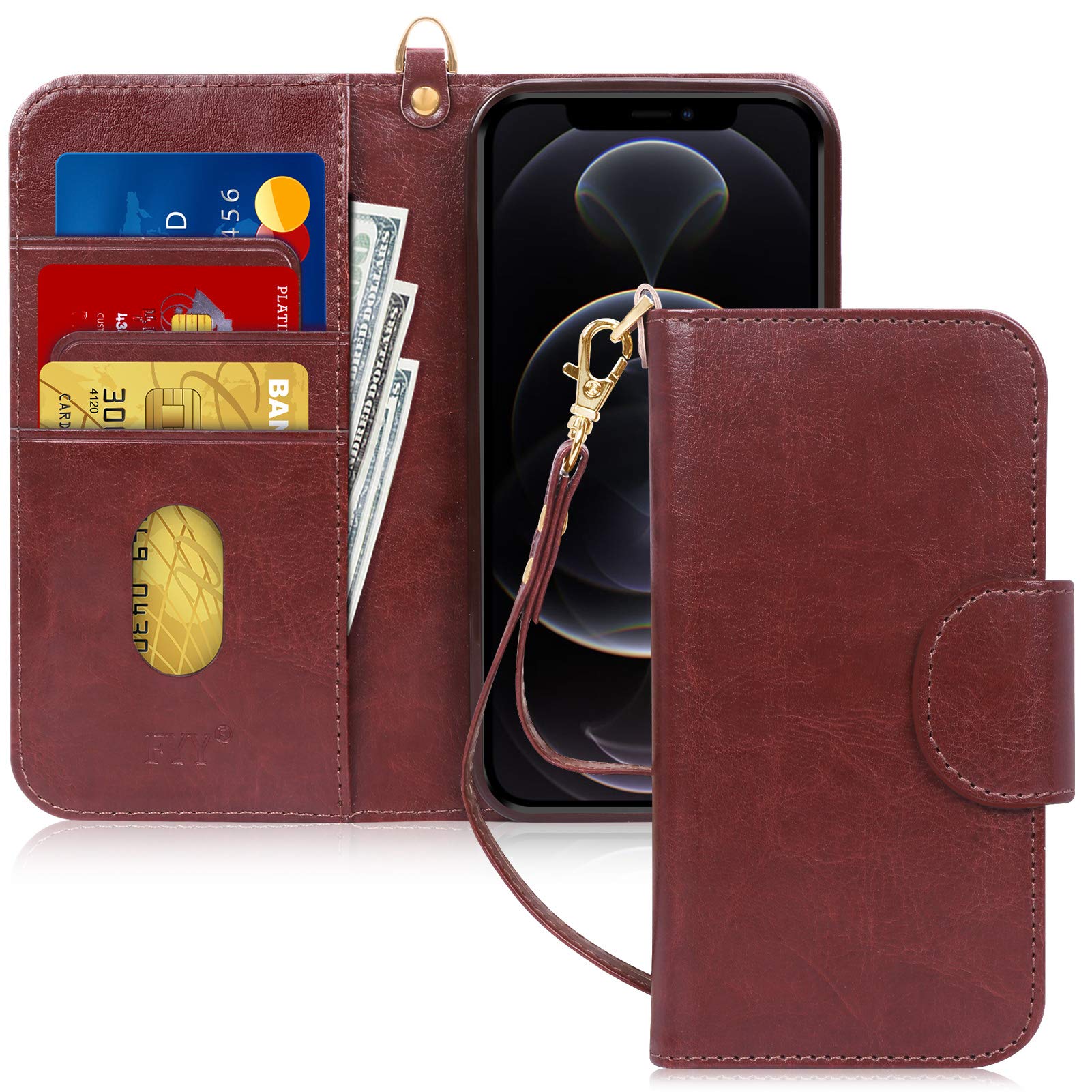 FYY Compatible with iPhone 12 Case/iPhone 12 Pro Case, [Kickstand Feature] Luxury PU Leather Wallet Case Flip Folio Cover with [Card Slots] and [Note Pockets] for iPhone 12/12 Pro 5G 6.1" Brown