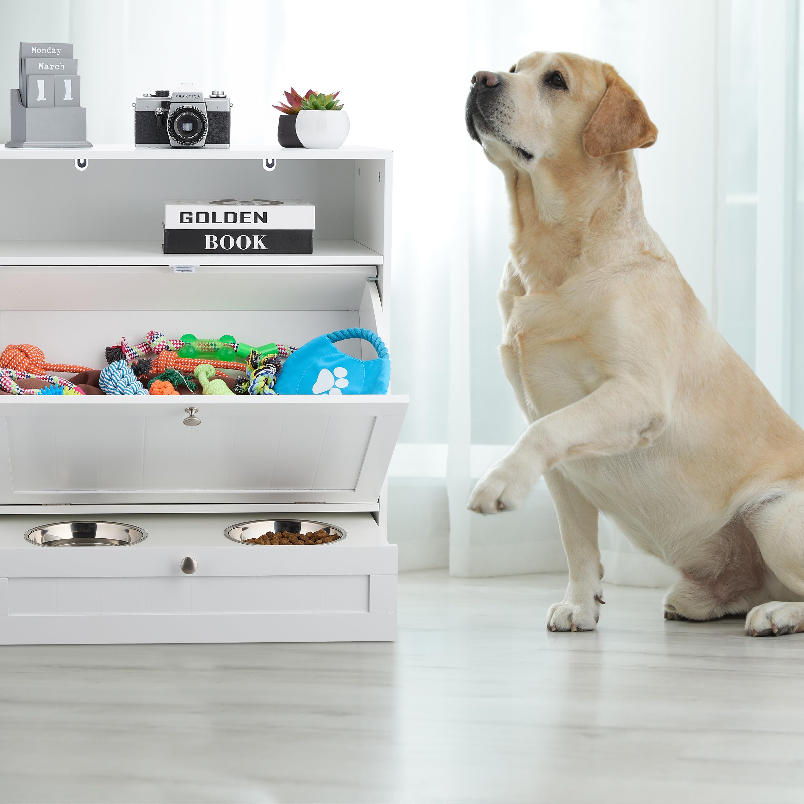 Relaxdays Armario de Comida para Perros, Cajón con 2 Tazones, Espacio para Pienso, 68x60x33cm, MDF, Blanco