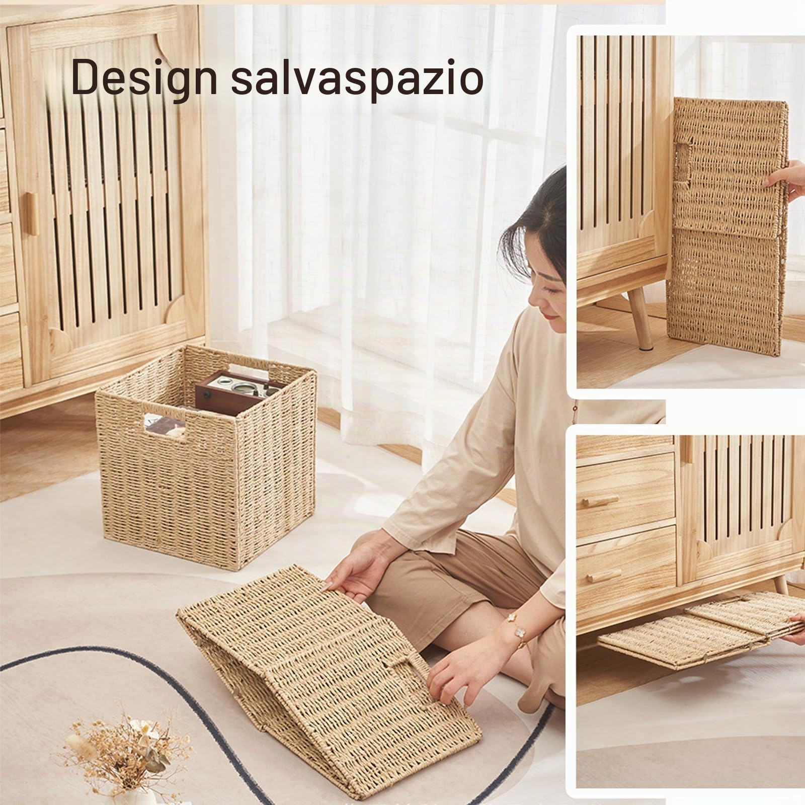 Cesto di archiviazione intrecciato a 3 pezzi, Cesto per ripiano pieghevole, Scatola per ripiano 28x28x28 cm