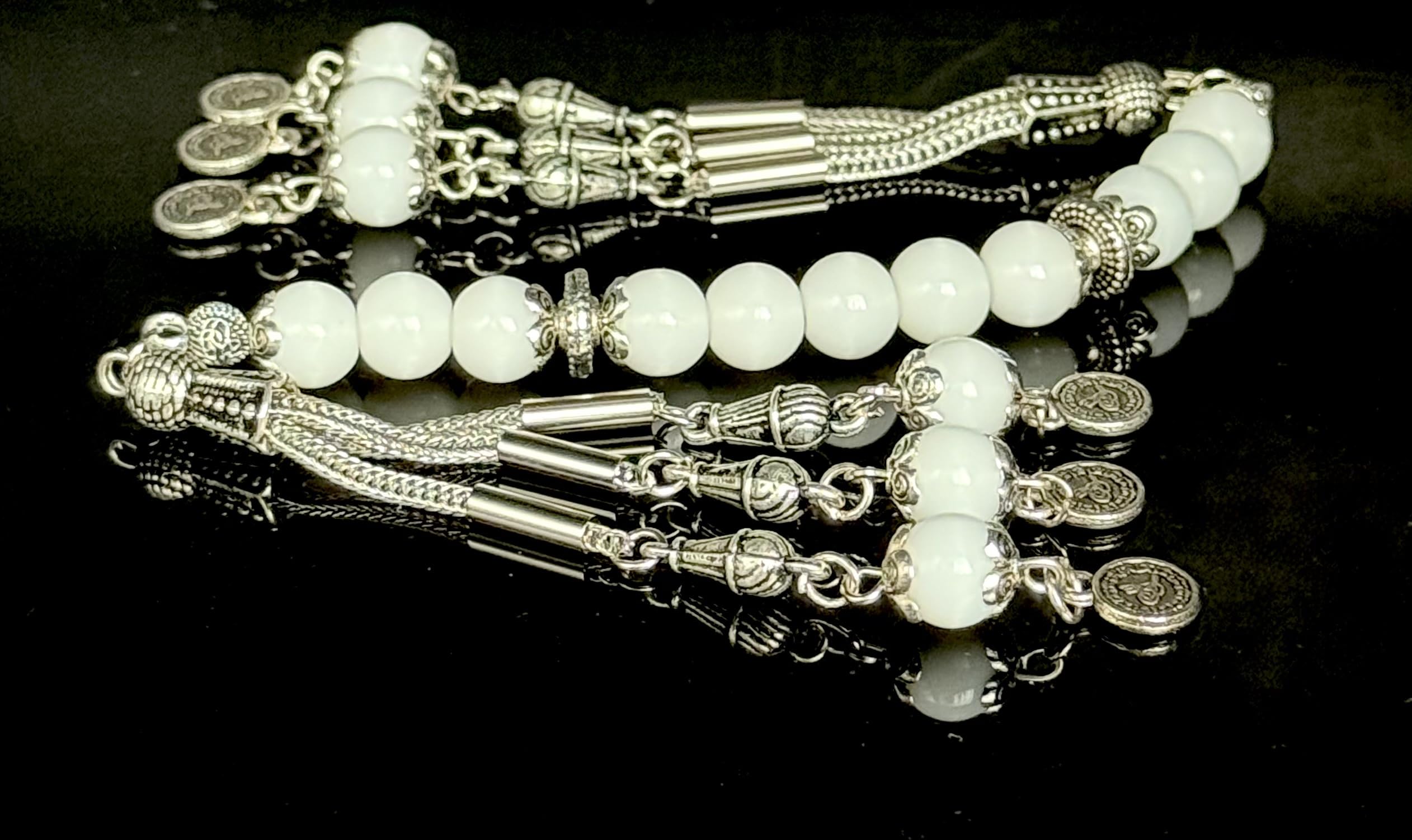 Generisch Zaza Tesbih Doğal Taş Oniks 8 mm OSMANLI Tugra Püsküllü ZAZA Tespih Gebetskette Naturstein,Tasbih Misbaha Rosary Subha Amber Onyx weiße Stein Geschenkidee NEU