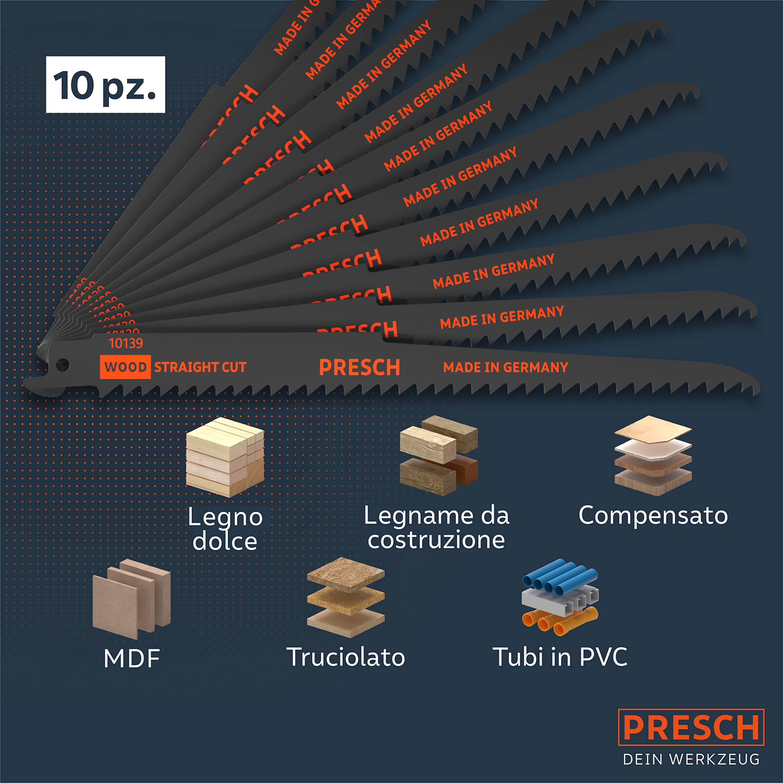 Presch Lame seghetto a gattuccio per legno 210 mm 10 pezzi - taglio 6-180 mm - Lame per sega a gattuccio er legno, tubi in PVC e altro. - Set di lame per sega con scatola