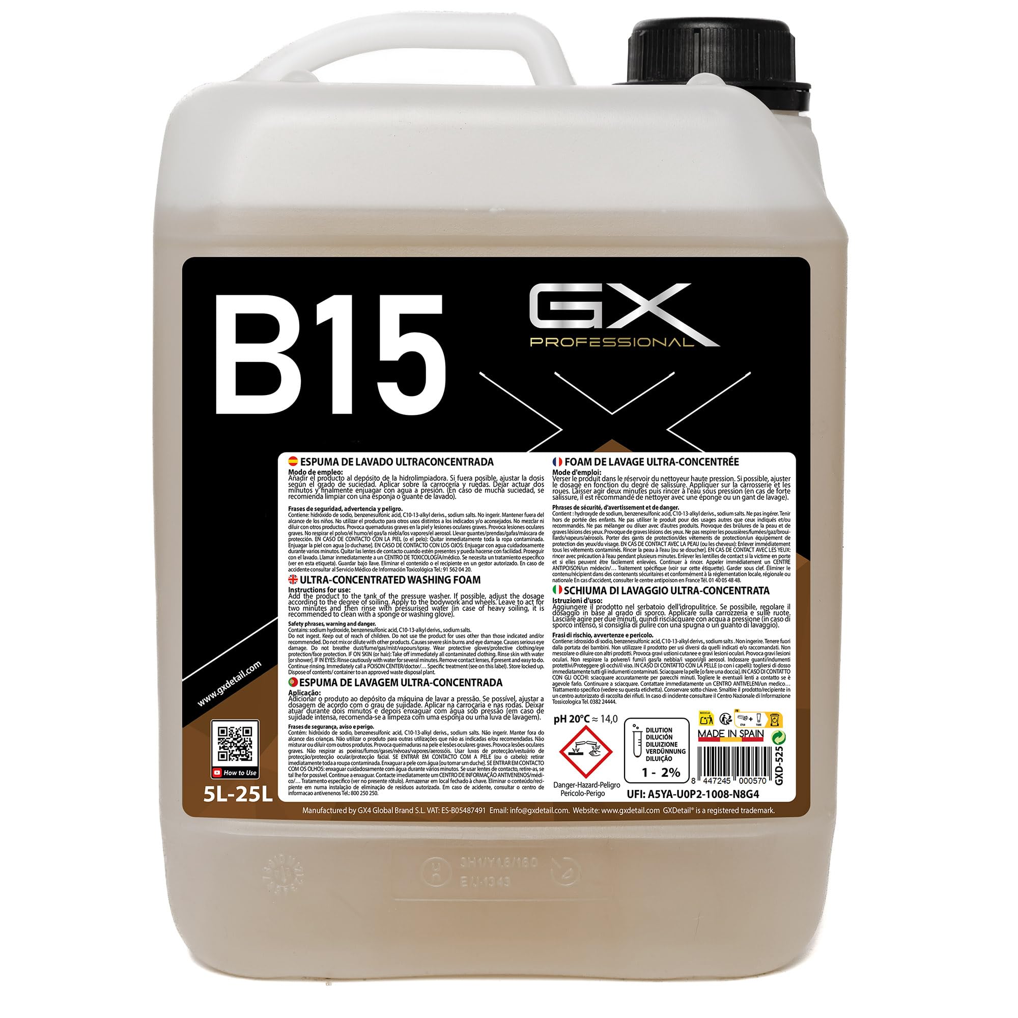 GxDetail Espuma de Alta Limpieza Alcalina Concentrada 5 Litros – Limpieza Potente para Coches, Camiones y Caravanas – Elimina Grasa, Barro y Suciedad Difícil – Fácil Aplicación y Alto Rendimiento...