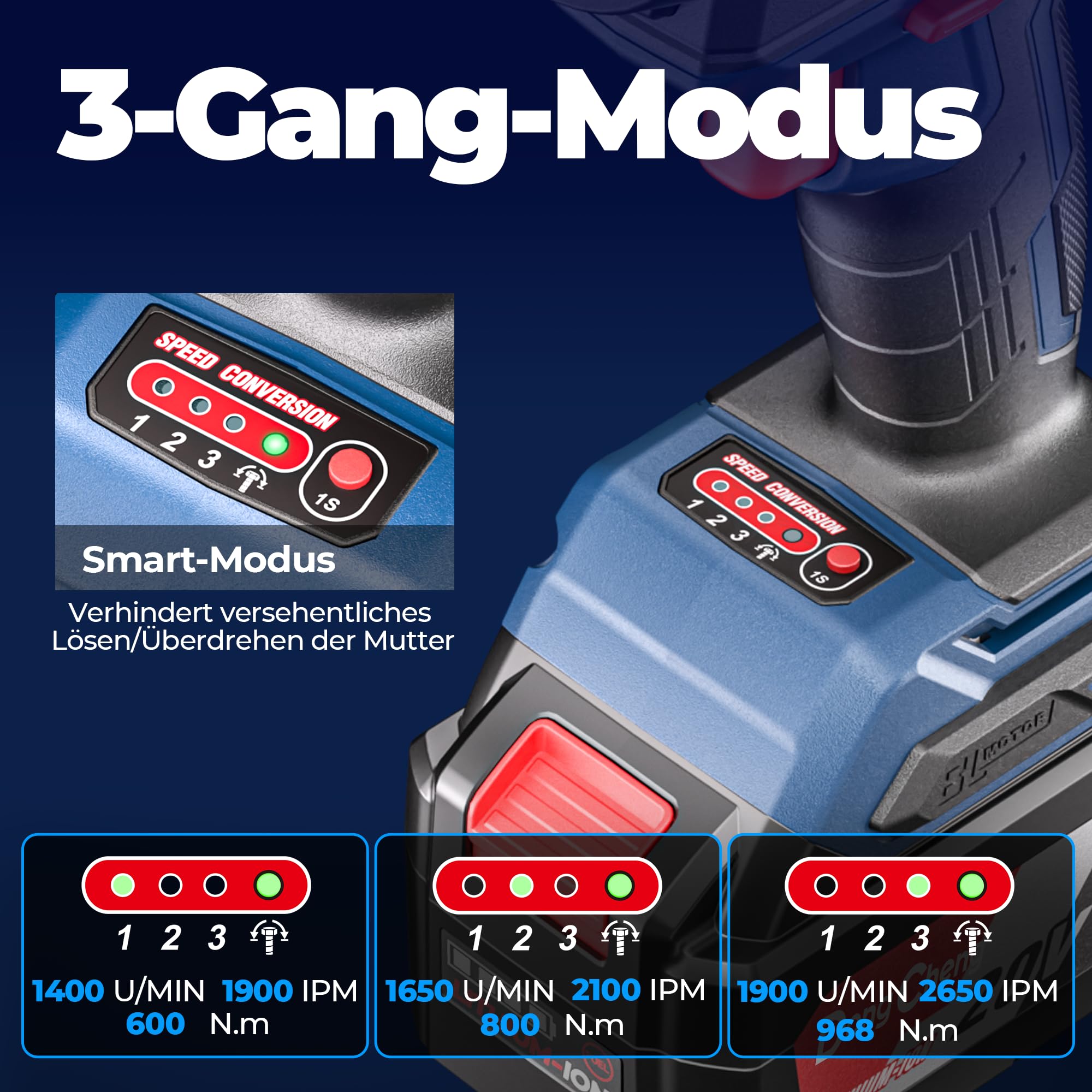 Dong Cheng 20V Akku-Schlagschrauber Bürstenlos, 1700 Nm Drehmoment, inkl Li-Ion 5,0Ah Akku & Ladegerät Drehschlagschlüssel 3-Gang-Modus & Auto-Stop, 1/2" Aufnahme – für LKW,Land-und Baumaschinen