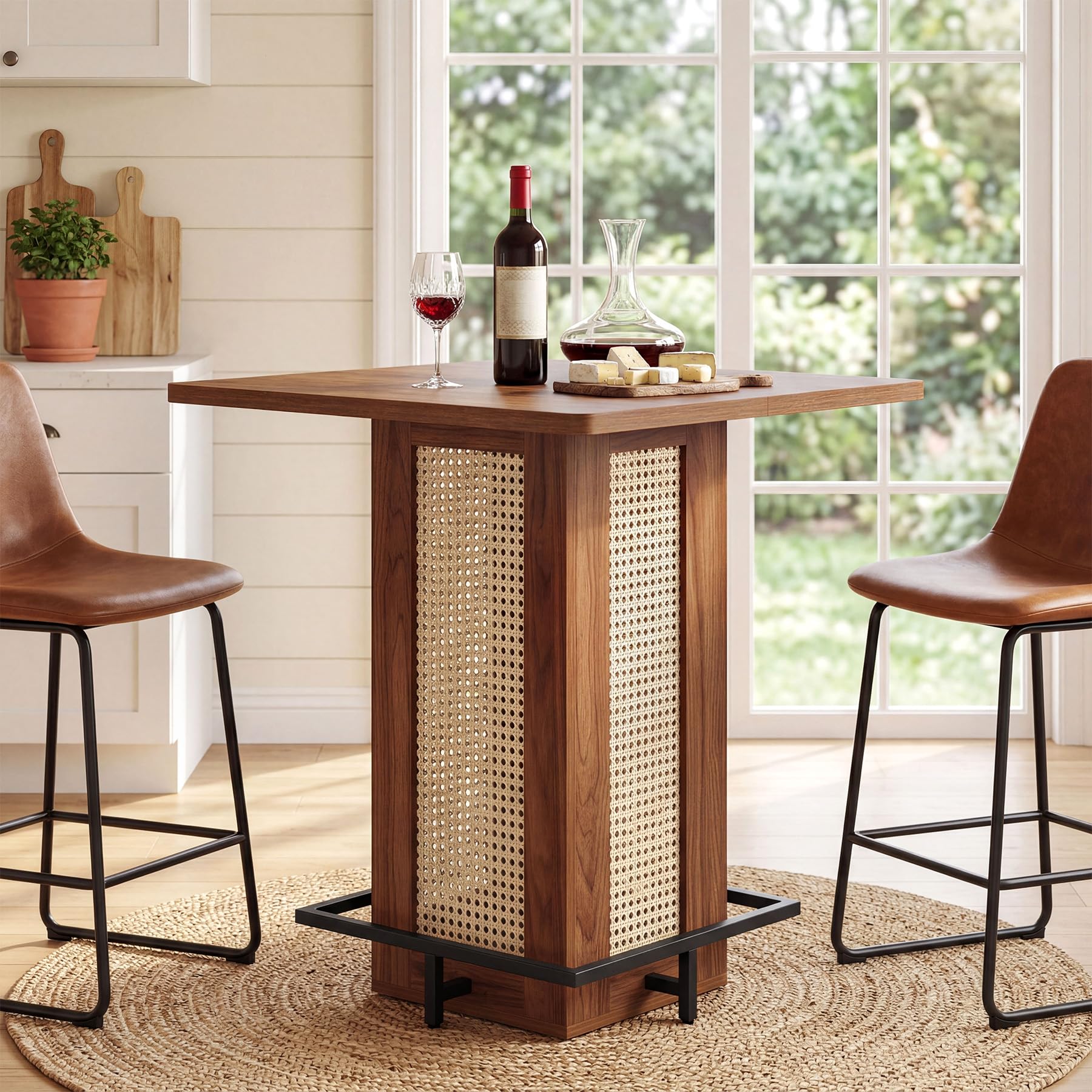 Tribesigns Table de Bar Carrée 80×80cm, Mange-Debout Bohème Cannage Rotin, Plateau Bois Marron Pied Métal Noir, Table Haute avec Repose-Pieds pour Cuisine Salon Café Balcon