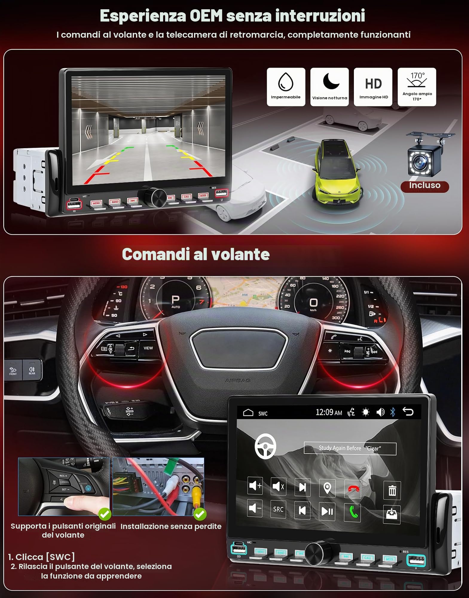 CAMECHO 1 DIN Schermo Tattile 7 Pollici Autoradio con Bluetooth Mirror Link Lettore MP5, Radio 1 DIN per Auto con FM, EQ, USB, Mirror Link, Comandi al Volante + Telecamera