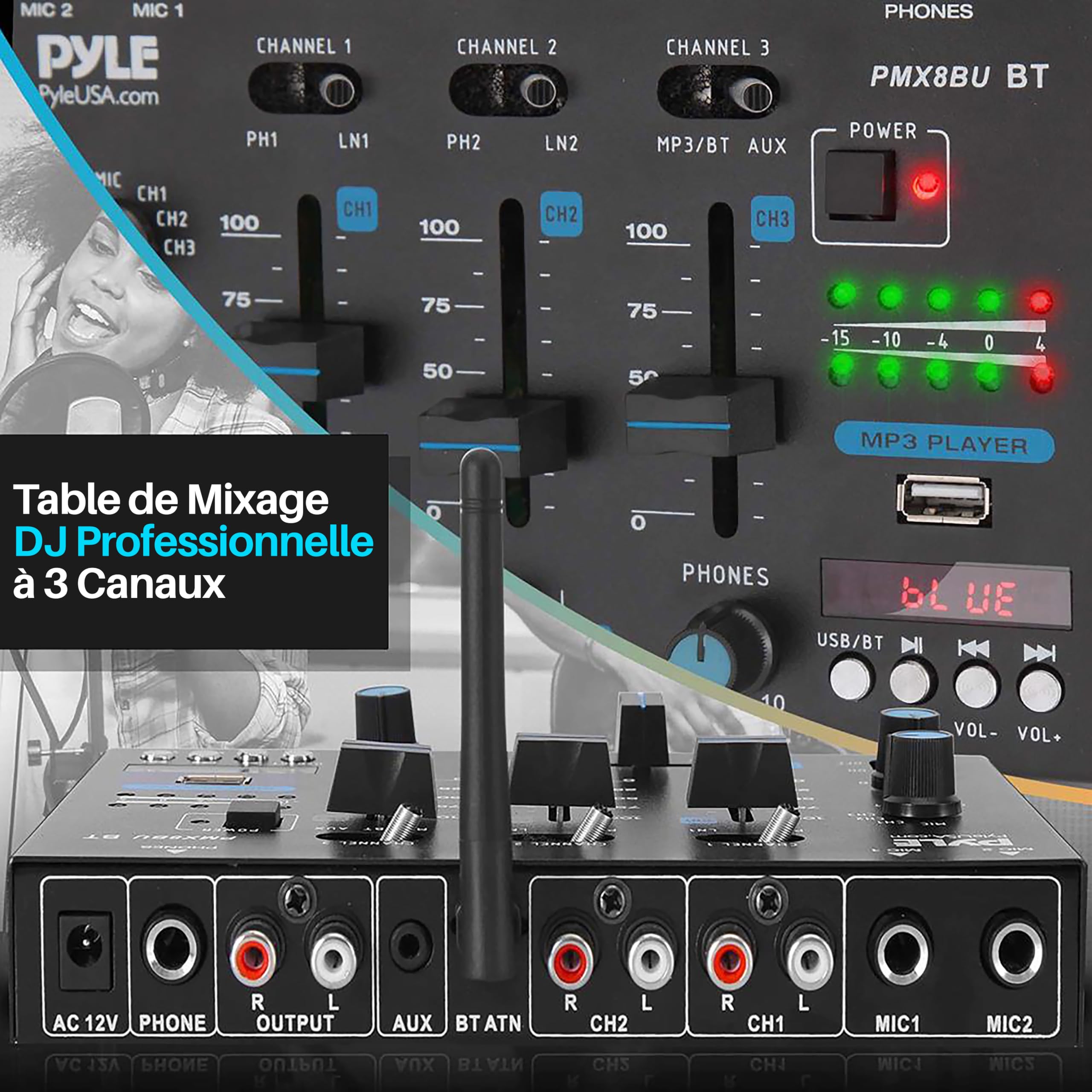 Pyle Table de Mixage DJ Bluetooth - Sans Fil 3 Canaux – Contrôleur Audio avec USB, Entrées RCA Phono/Ligne, 2 Micros avec Talk-Over, Sortie Casque, Crossfader, Écran LED