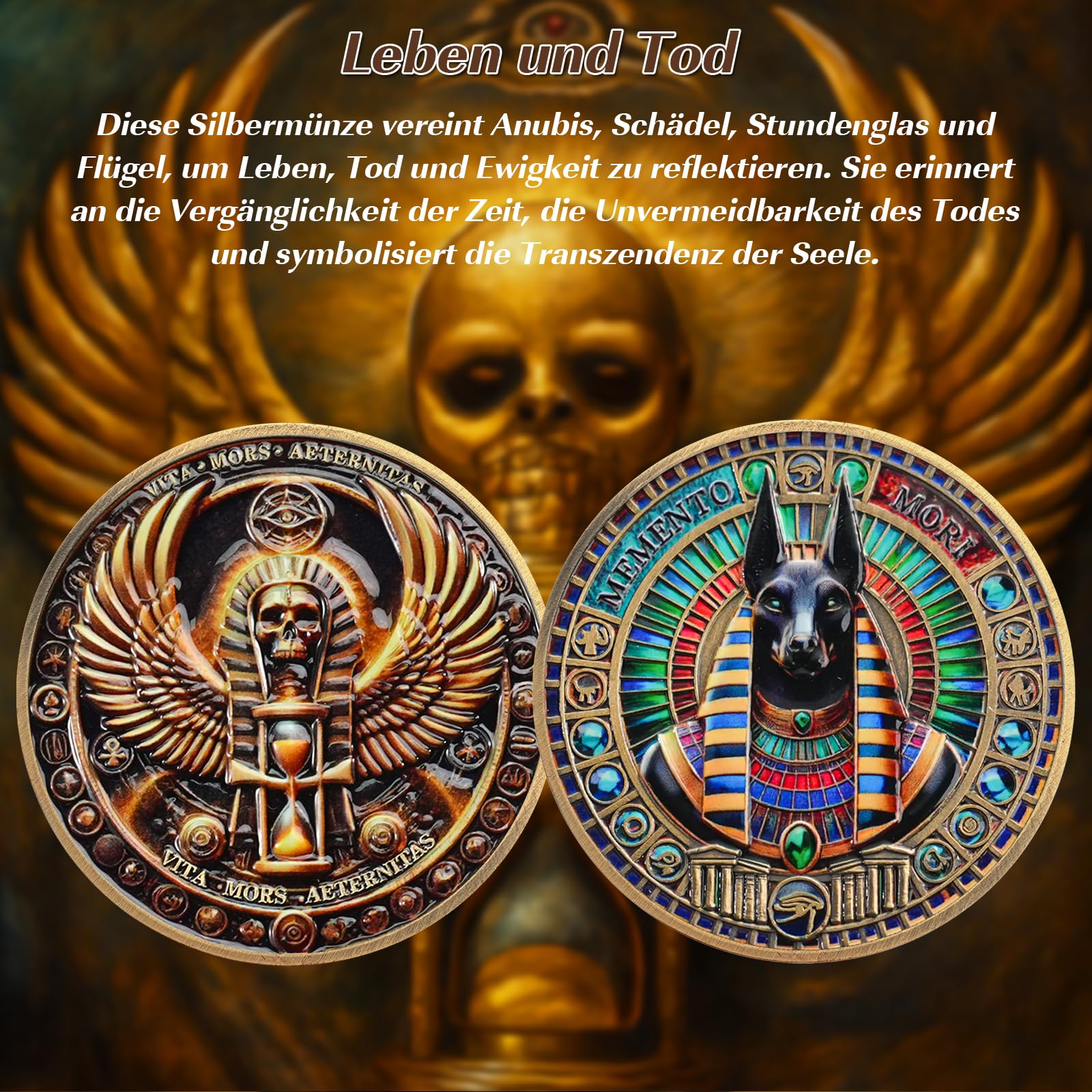 Mento Mori Gedenkmünze, Anubis Ägyptisches Design, "Vita, Mors, Aeternitas", Philosophie-Münze zu Leben, Tod und Ewigkeit