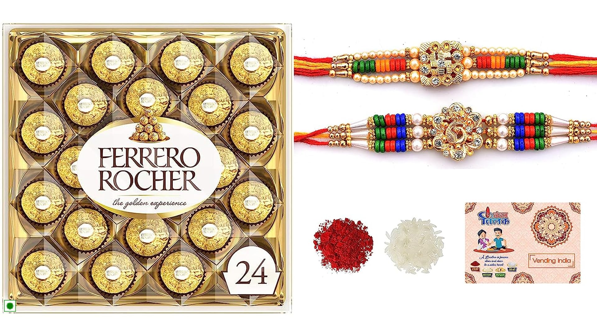 Vending India X Ferrero Rocher - T24 (24 pieces) w/Designer has Rakhi Of your Choice - With Roli, Chawal, Chandan & Mishri in a Rakshabandhan Card (VI-RAK-16) (B092RDCP15) Amazon Price History, Amazon Price Tracker