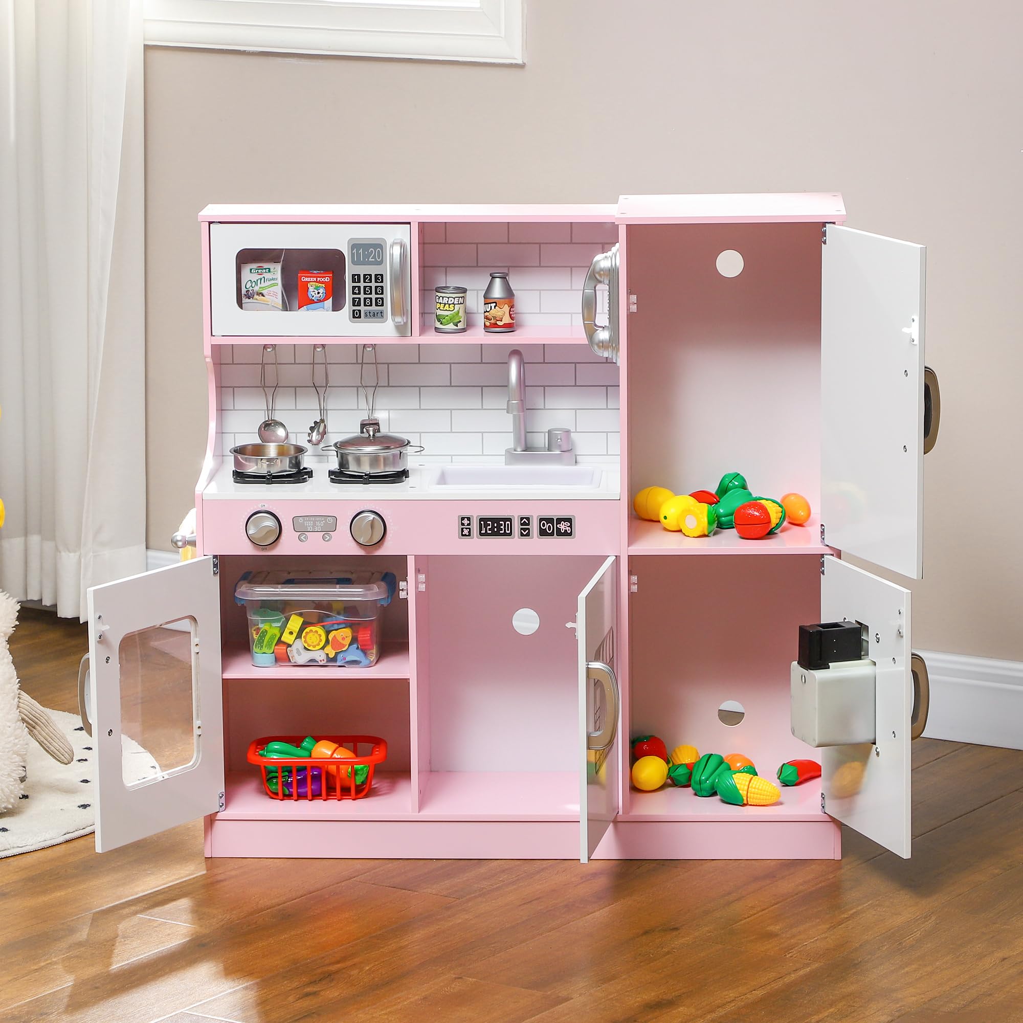 AIYAPLAY Cocina de Juguete Cocina para Niños de +3 Años Cocinita Infantil de Madera con Accesorios para Cocinar Pizarra Máquina de Hielo y Teléfono 83,8x26,8x81 cm Rosa