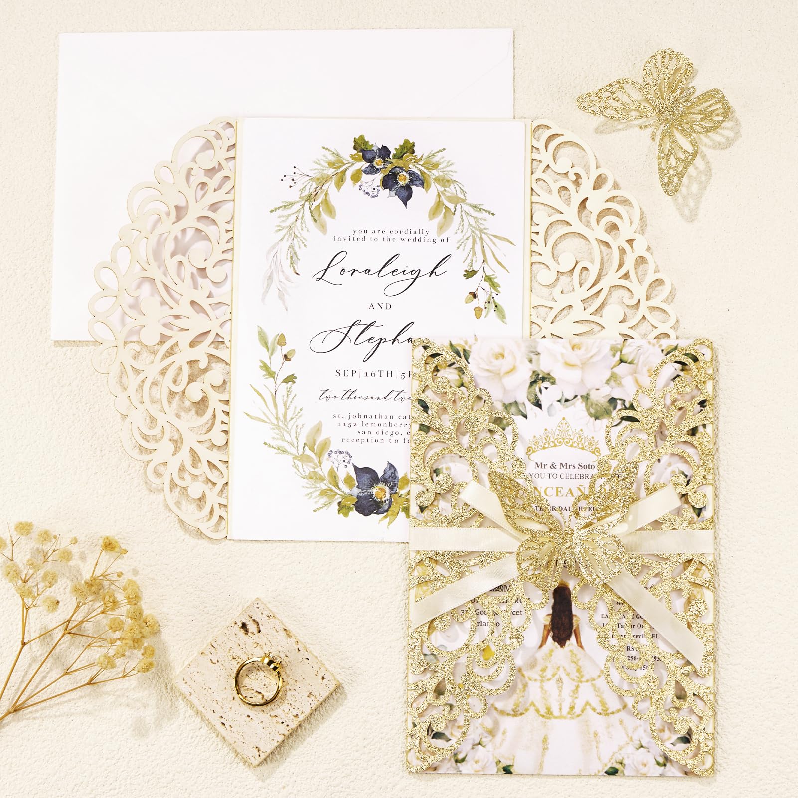 Hochzeitseinladungen mit Umschlägen und RSVP-Karten, lasergeschnittenes Schmetterlingsband, goldfarben, 50 Stück