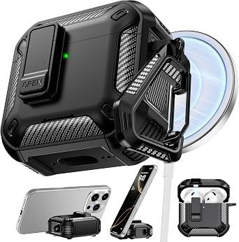 RFUNGUANGO Compatible with AirPods 4 Case Black | agnetic Automatic Lock with Phone Holder & Cleaning Kit,Compatible with Magsafe, Back Magnetic Charging