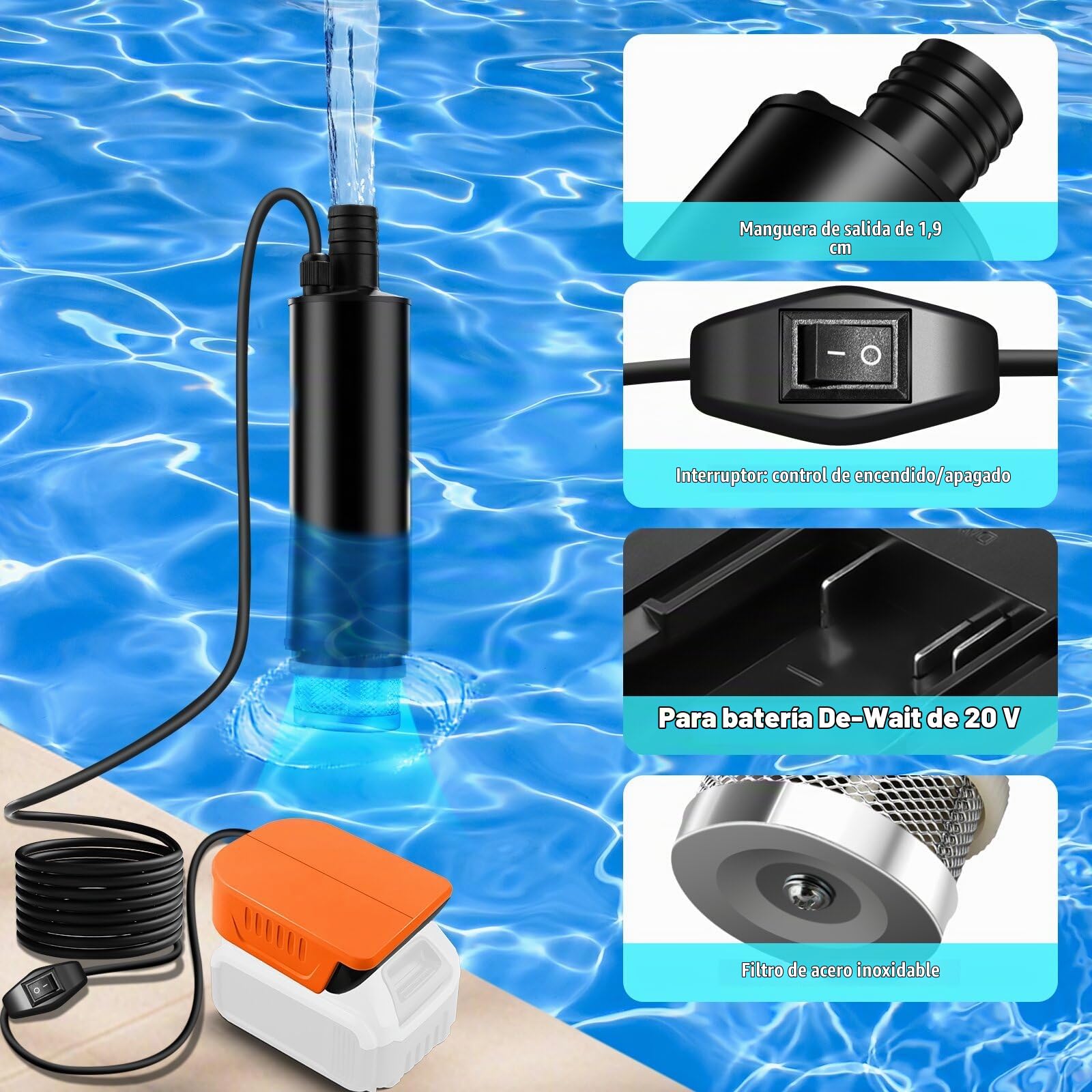 Bomba de agua sumergible inalámbrica para batería Dewalt de 20 V/60 V, bomba de agua de transferencia portátil de 635 GPH para camping, tina, jardín, caravana, estanque, drenaje, lugares de trabajo