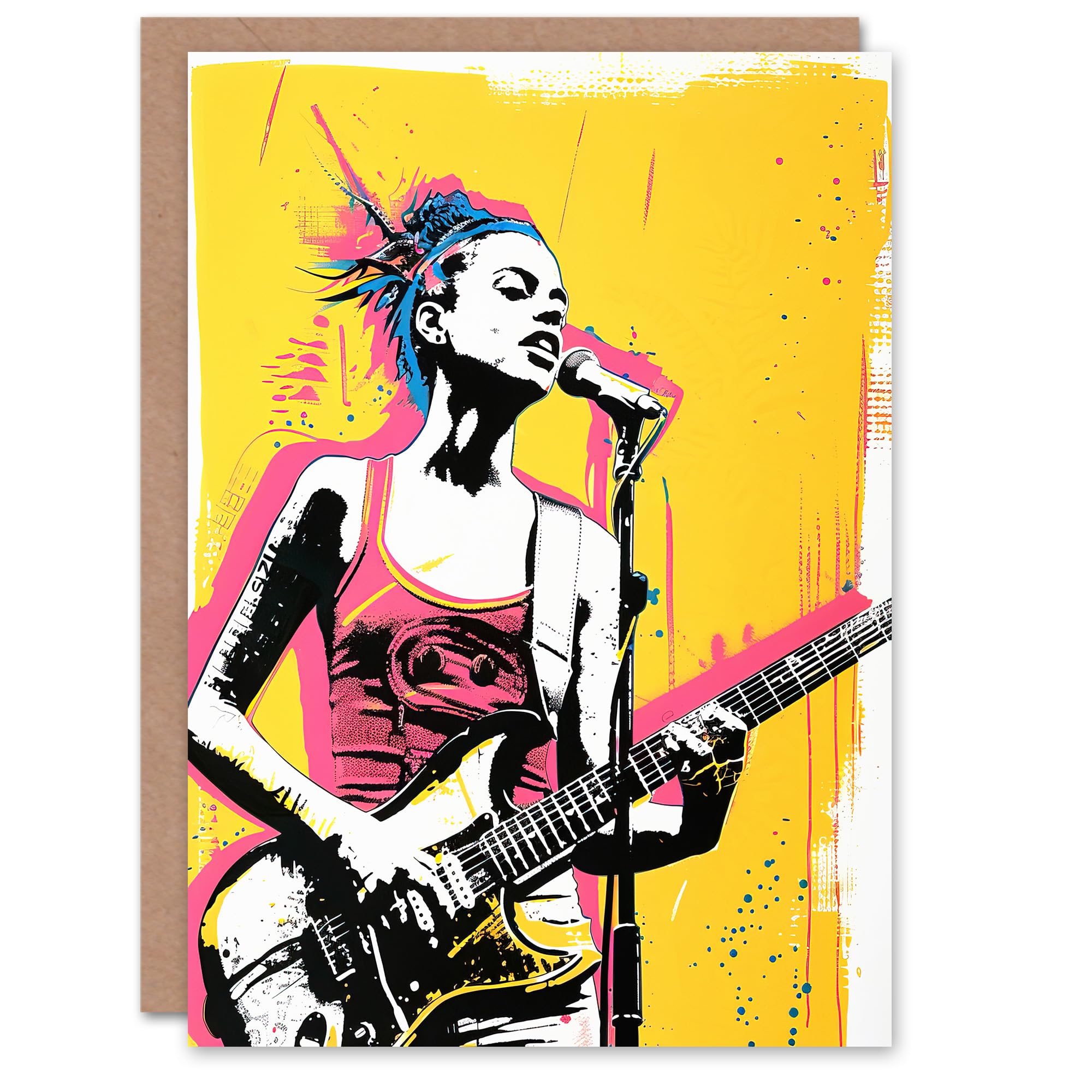 Artery8 Greeting Card Female Punk Music Guitarist Portrait Yellow Pink Blank For Him Or Her Art Birthday Card