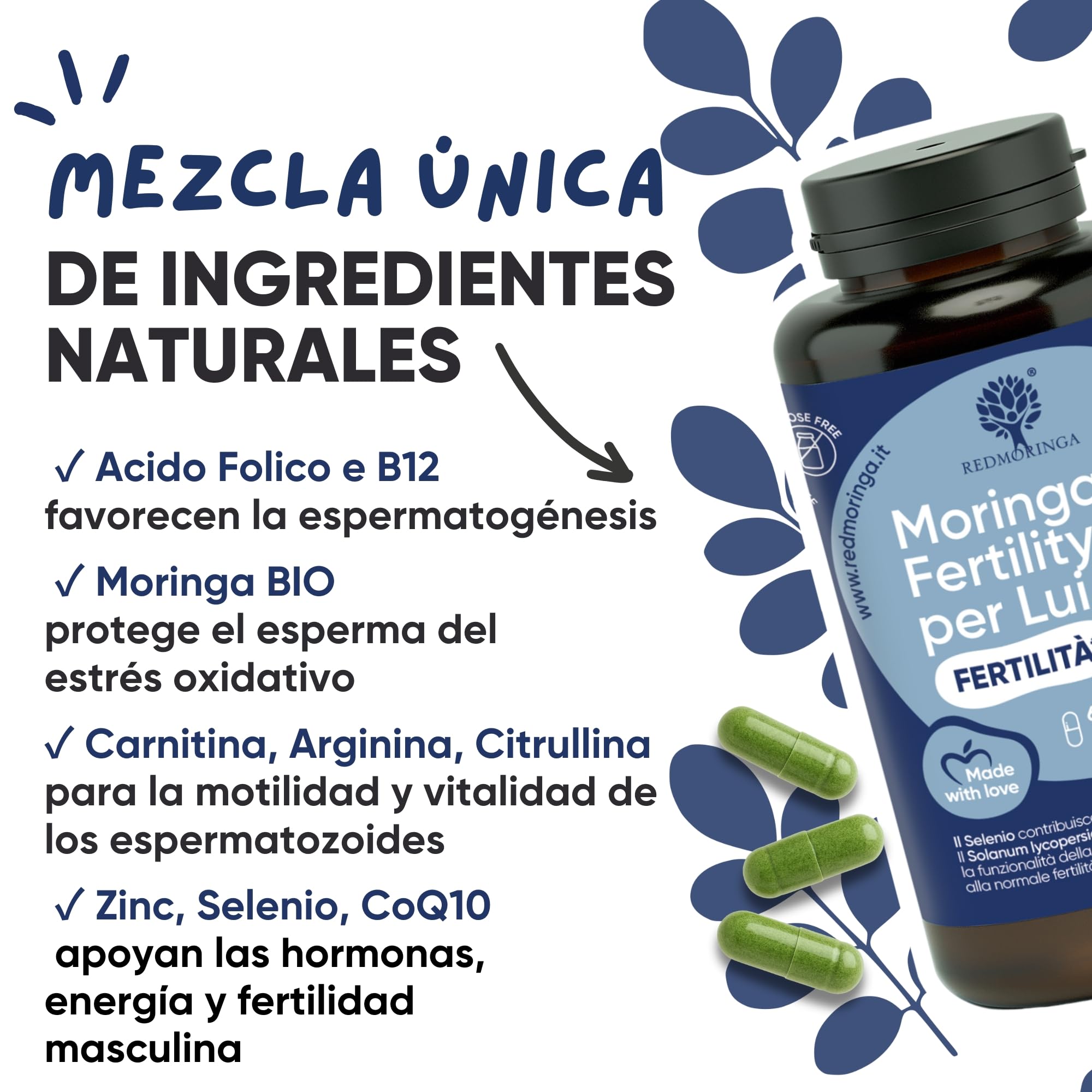 Suplemento Fertilidad Masculina – Moringa, Licopeno Alta Concentración, Citrulina, Arginina, L-Carnitina, Zinc, Selenio, Coenzima Q10 – Apoya Motilidad y Vitalidad de los Espermatozoides 60 Cápsulas
