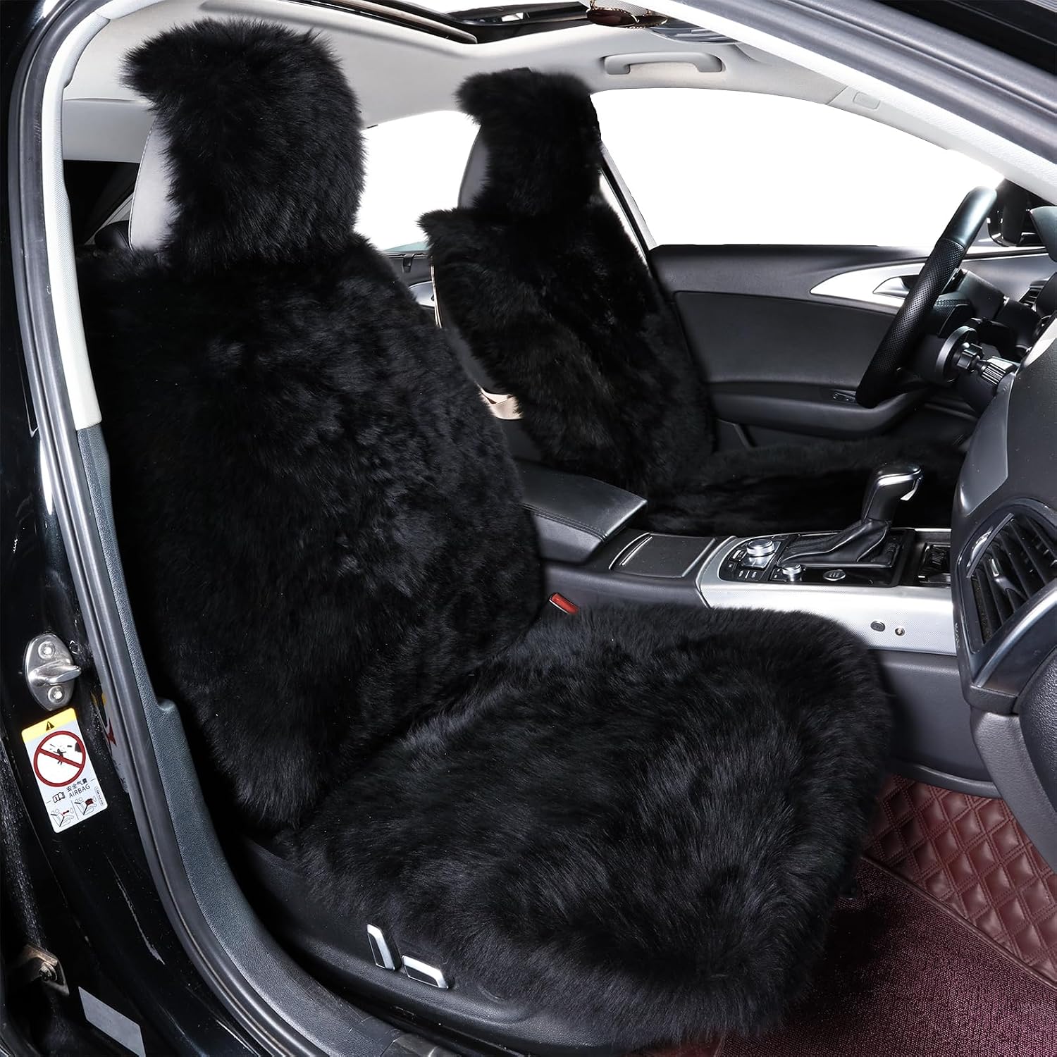 AOGELAN Fluffy Sheepskin Car Seat Cover, Fuzzy Long Wool Front Auto Cushion, Universal Fits Most Vehicle SUV Truck Minivan, Airbag Compatible (Black,1 Pcs)