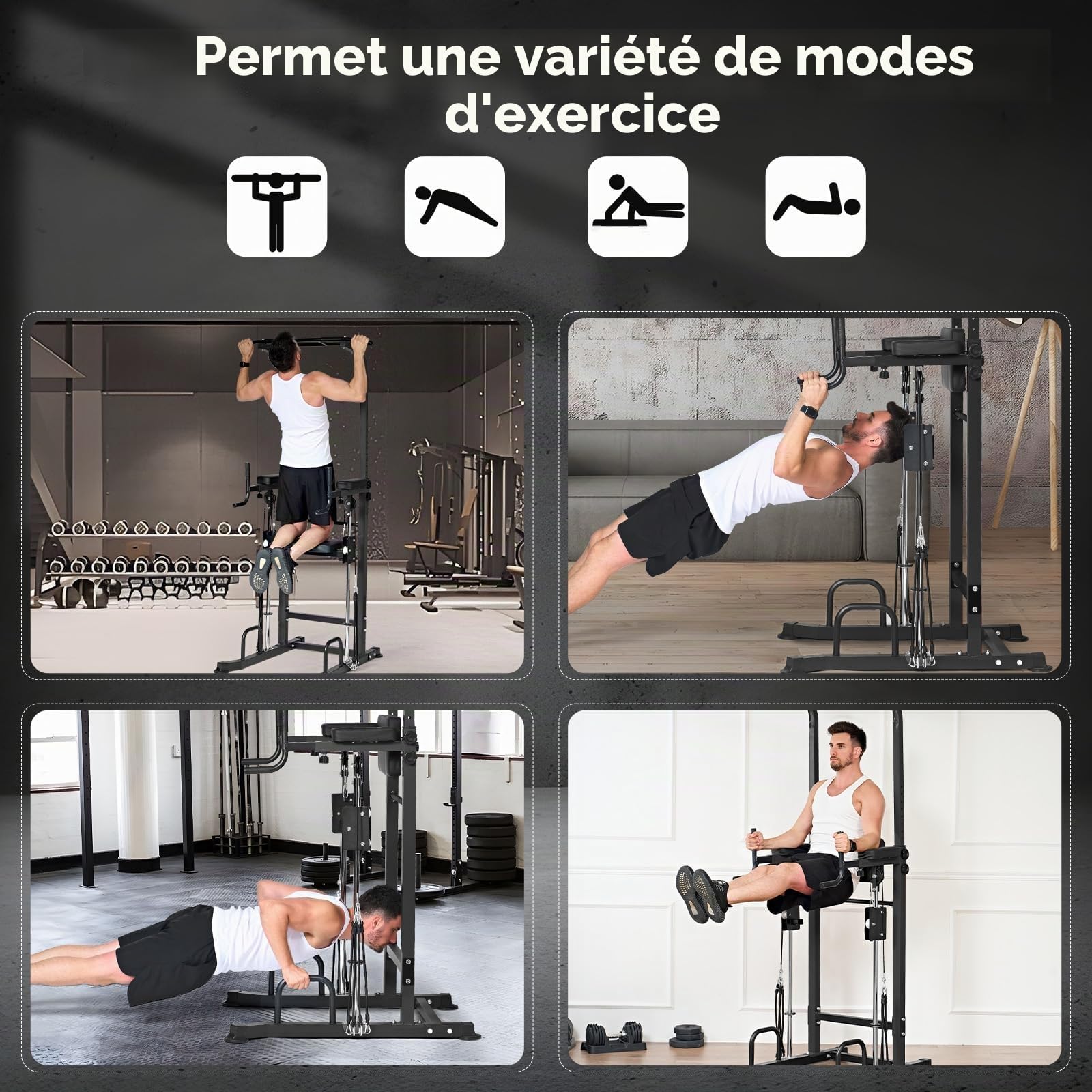 Power Tower Station de barre de traction réglable à 10 vitesses, station de musculation multifonction pour salle de sport à domicile, avec coussinet d'entraînement assisté et base