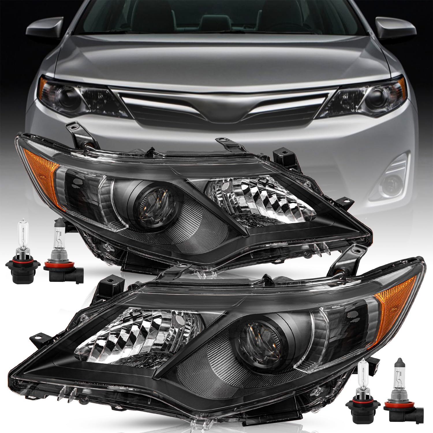 Headlight Assembly Fits For 2012 2013 2014 Toyota Camry L/Le/Xle/Hybrid/SE Driver and Passenger Side (Black Housing with Amber Reflector) w/Halogen Bulbs