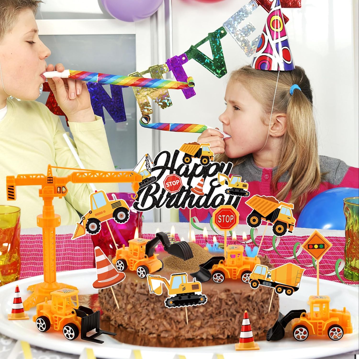 Hooqict 21Pcs Construction Cake Decorations Set with Mini Excavator Dump Truck Tractor, Traffic Road Sign, Tower Crane Cake Toppers & Cupcake Toppers for Kids Boys Construction Birthday Party Supplies