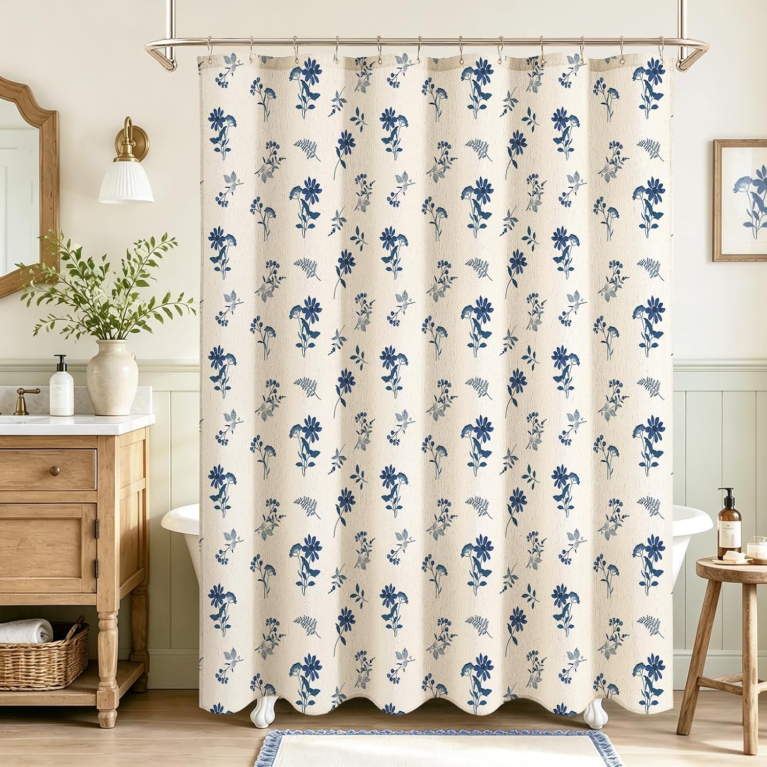 Litabel Rustic French Floral Linen Shower Curtain Navy Blue,72x72