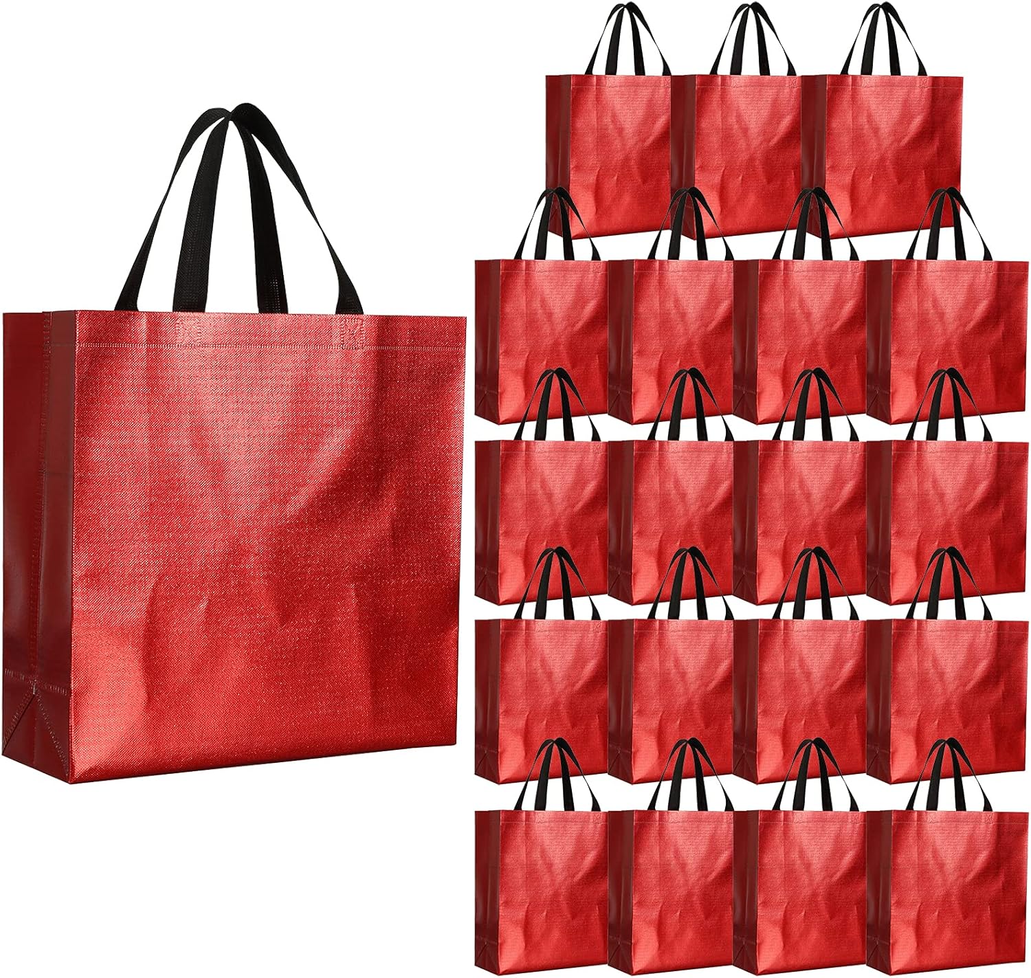 Tosnail 20 Pack Glossy Reusable Grocery Bags Shopping Tote Bag with Black Handle Present Bag Gift Bag for Weddings, Birthdays, Party, Event - Red -